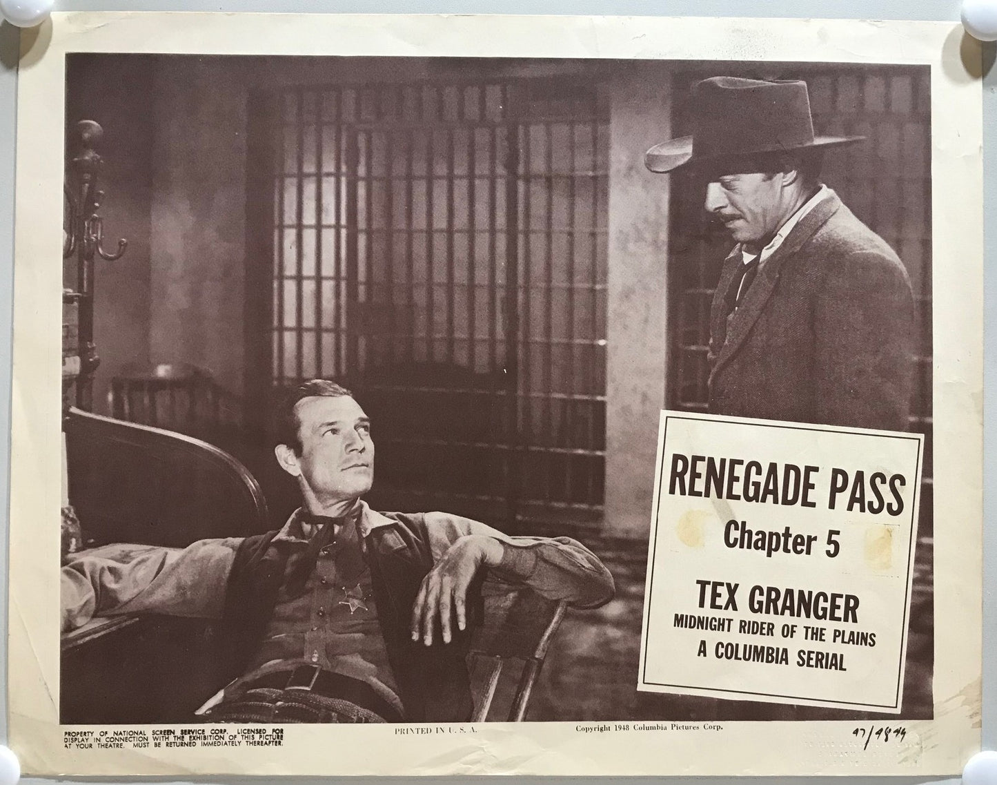 ORIGINAL SERIAL LOBBY CARD - TEX GRANGER: Midnight Rider of the Plains (d) - 1947 - Ch 5 "Renegade Pass" - Robert Kellard, Peggy Stewart, Buzz Henry
