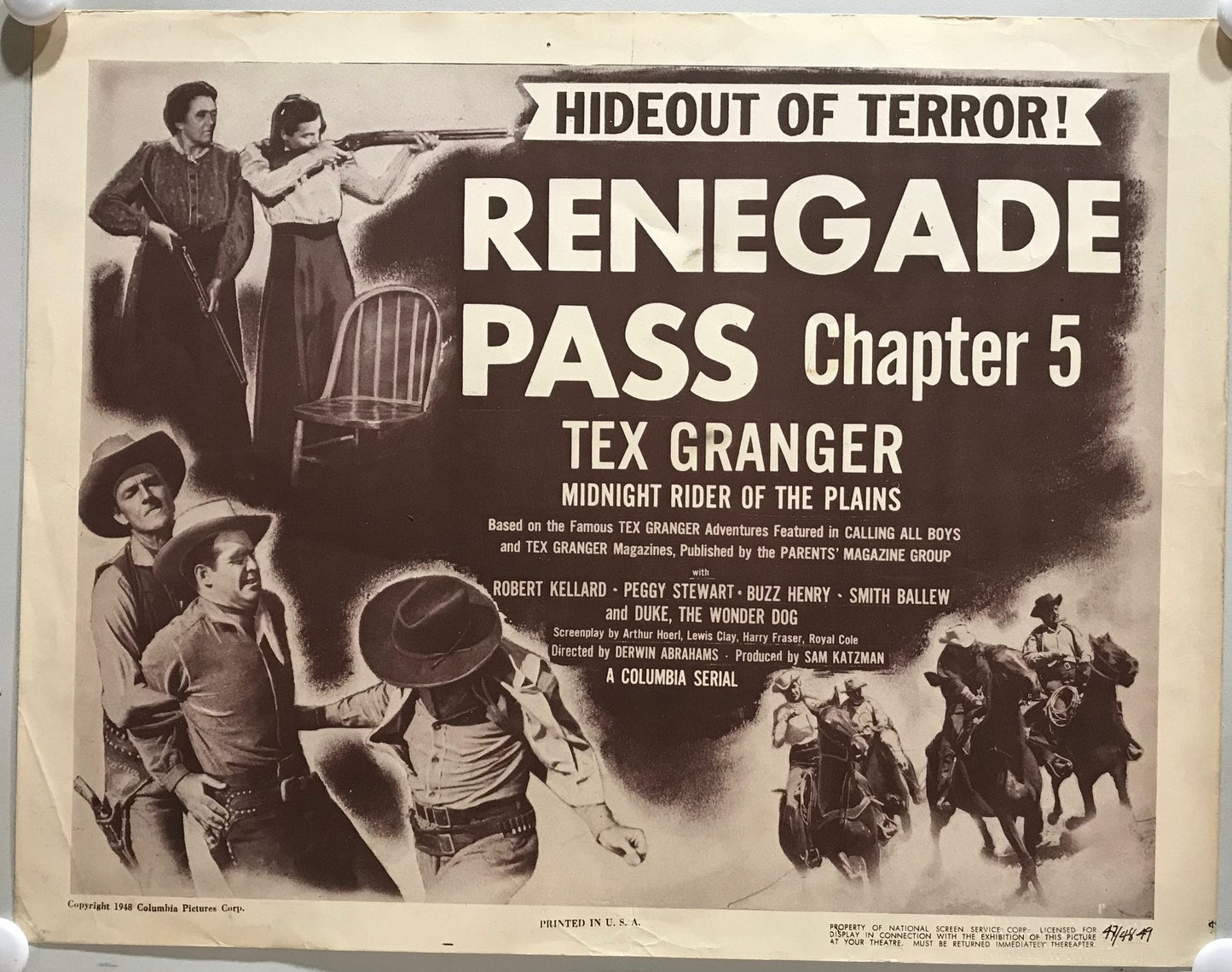 ORIGINAL SERIAL LOBBY CARD - TEX GRANGER: Midnight Rider of the Plains (a) - 1947 - Ch 5 Title Card - Robert Kellard, Peggy Stewart, Buzz Henry