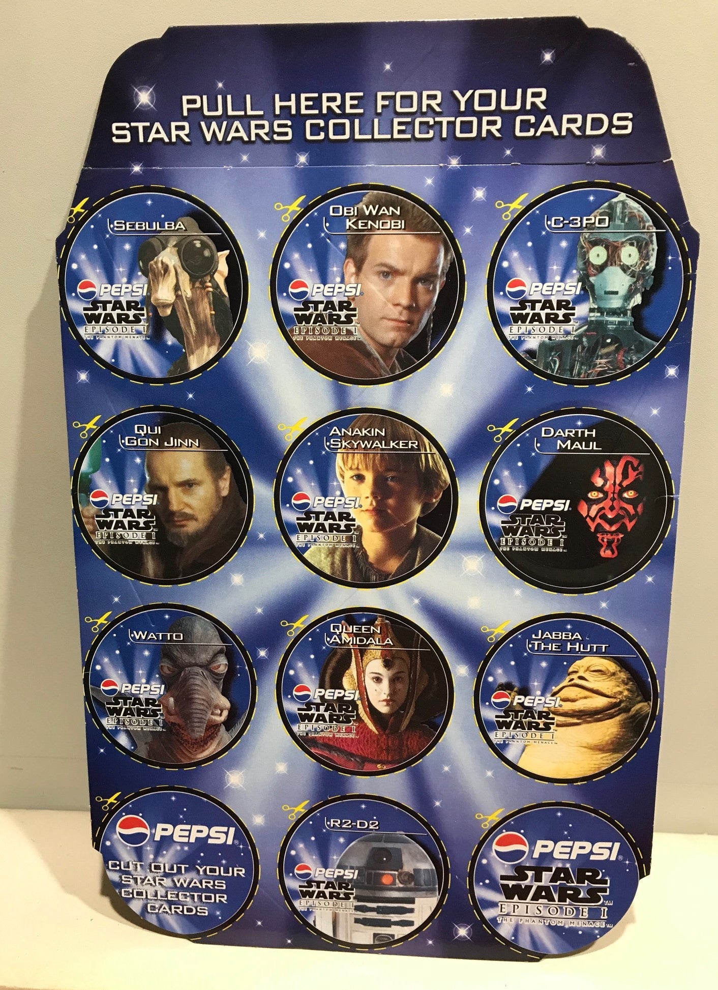 STAR WARS - EPISODE 1 - COLLECTORS CARDS - Sheet of 12 Round Cut Out Cards - PEPSI