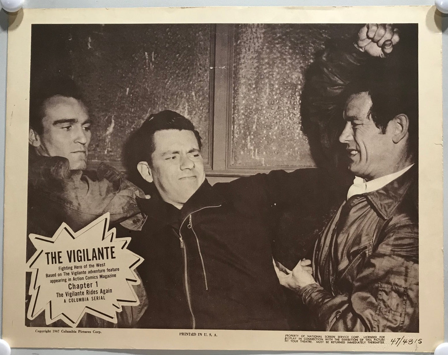 ORIGINAL SERIAL LOBBY CARD - THE VIGILANTE - 1947 - Ch 1 "The Vigilante Rides Again" - Ralph Byrd, Ramsay Ames, Lyle Talbot