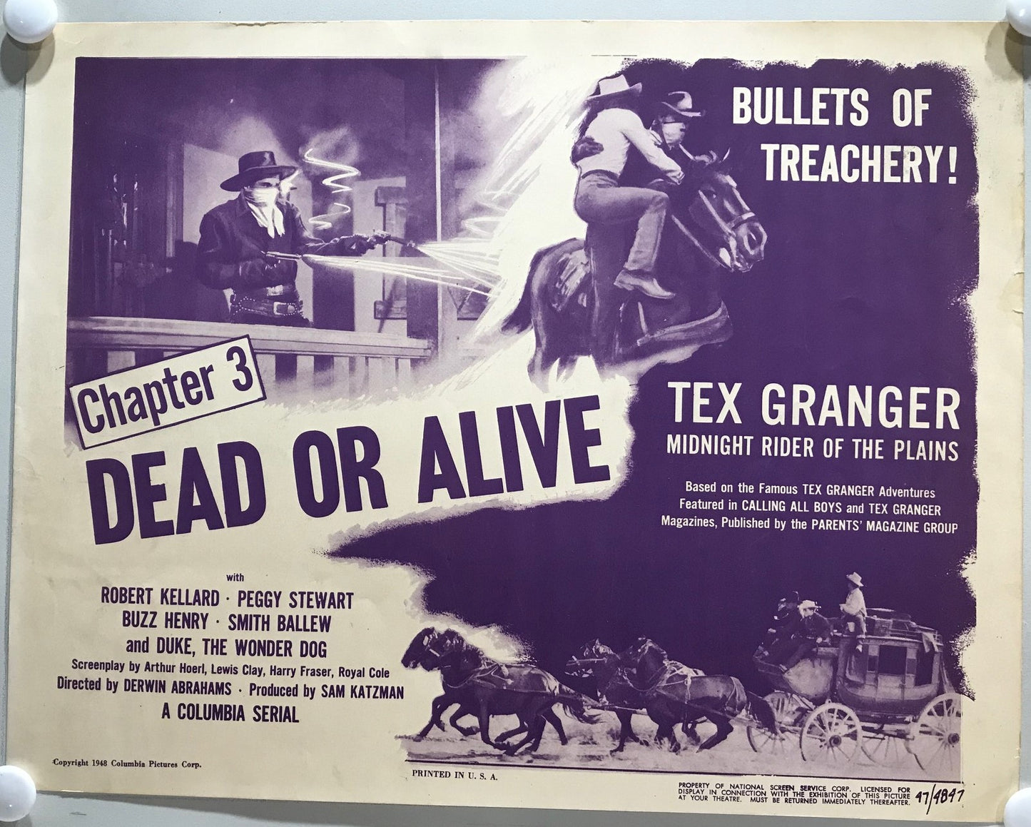 ORIGINAL SERIAL LOBBY CARD - TEX GRANGER: Midnight Rider of the Plains (a) - 1947 - Ch 3 Title Card - Robert Kellard, Peggy Stewart, Buzz Henry