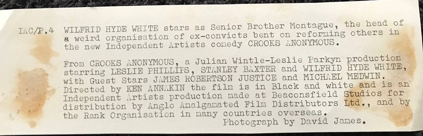 WILFRID HYDE WHITE - AUTOGRAPHED 9 x 7 1/2 PUBLICITY PHOTOGRAPH from The Crooks Anonymous (1962)