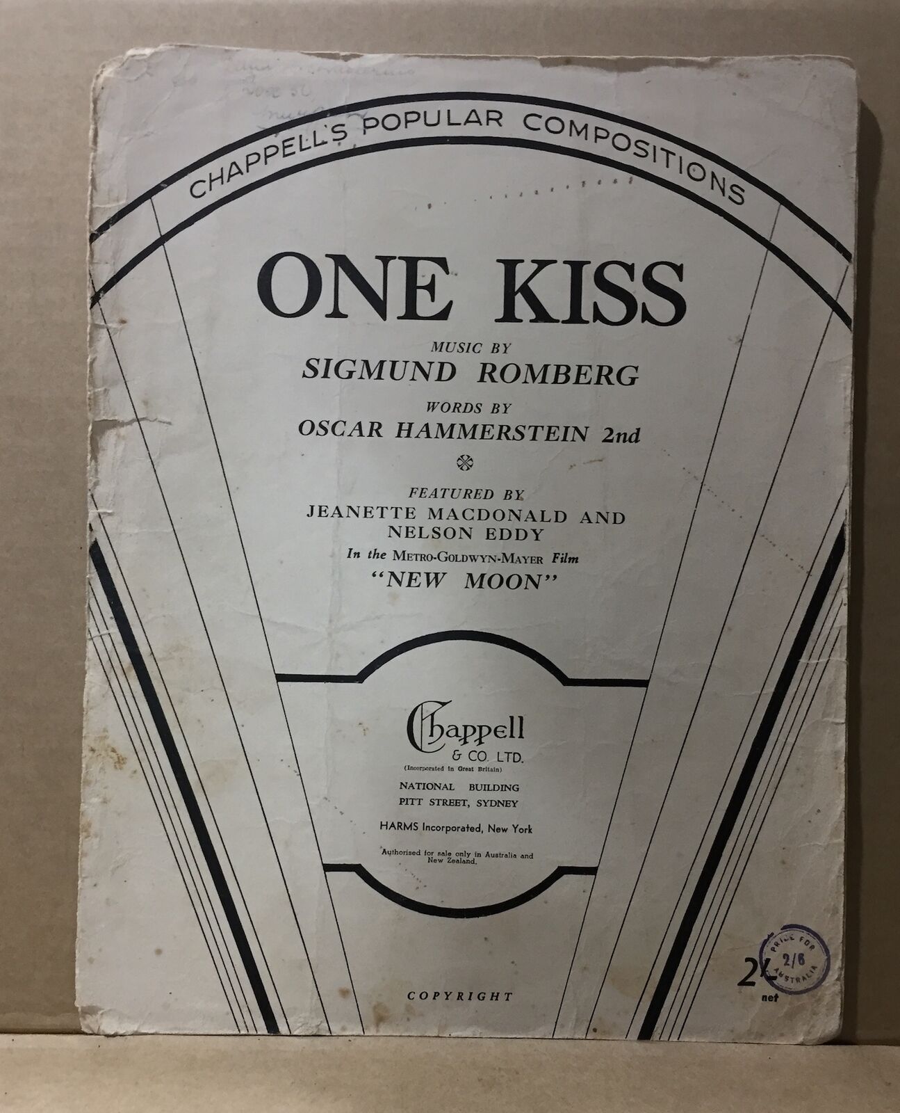 MUSIC SHEET - ONE KISS - from movie "NEW MOON" - music by: SIGMUND ROMBERG, word by: OSCAR HAMMERSTEIN