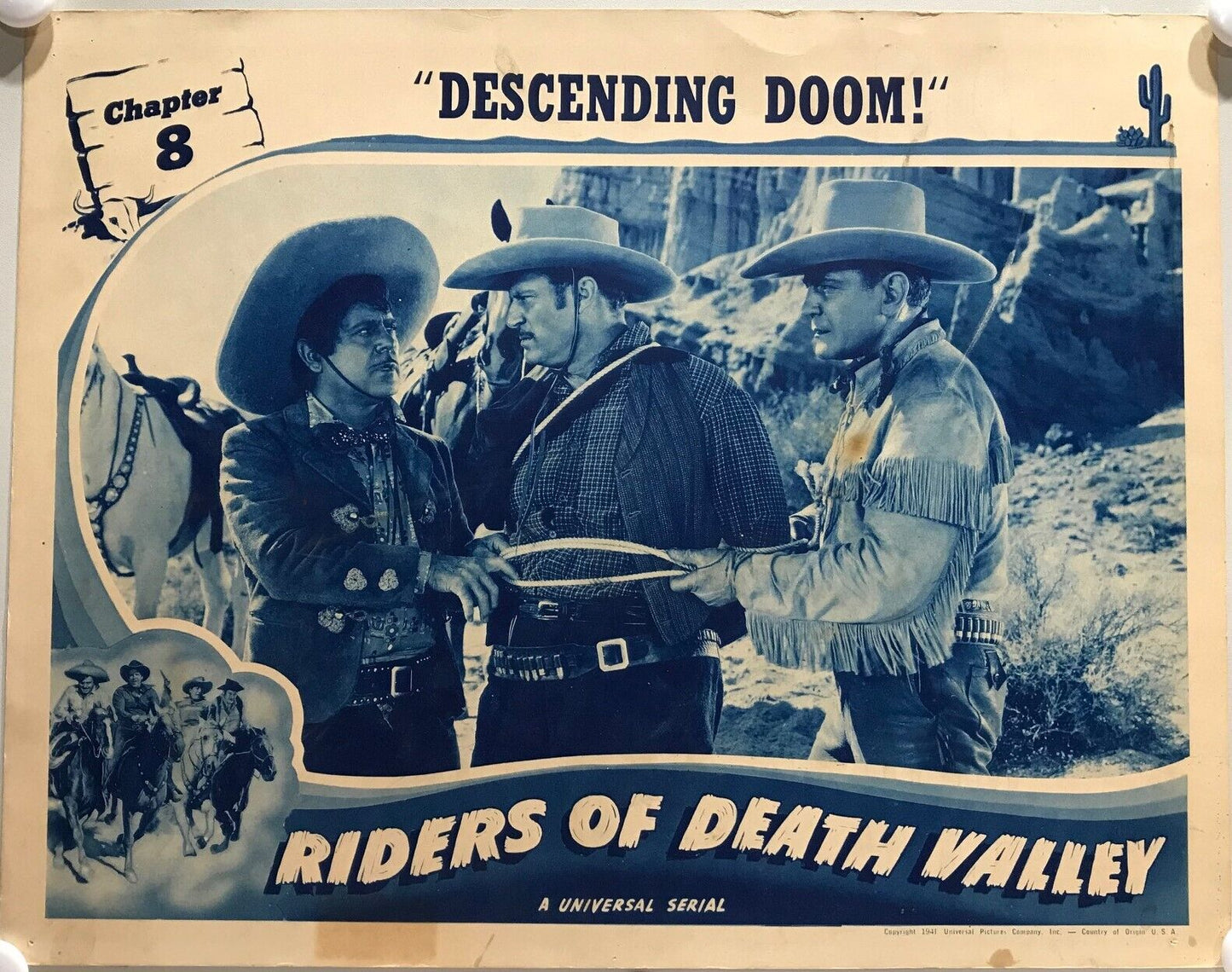 ORIGINAL SERIAL LOBBY CARD - RIDERS OF DEATH VALLEY (a) - 1941 - CH 8 "Descen...