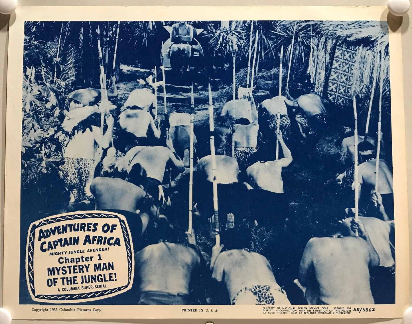 ORIGINAL SERIAL LOBBY CARD - ADVENTURES OF CAPTAIN AFRICA Mighty Jungle Avenger (a) -1955 - Ch 1 "Mystery Man of the Jungle" - John Hart, Rick Vallin, Ben Welden, June Howard