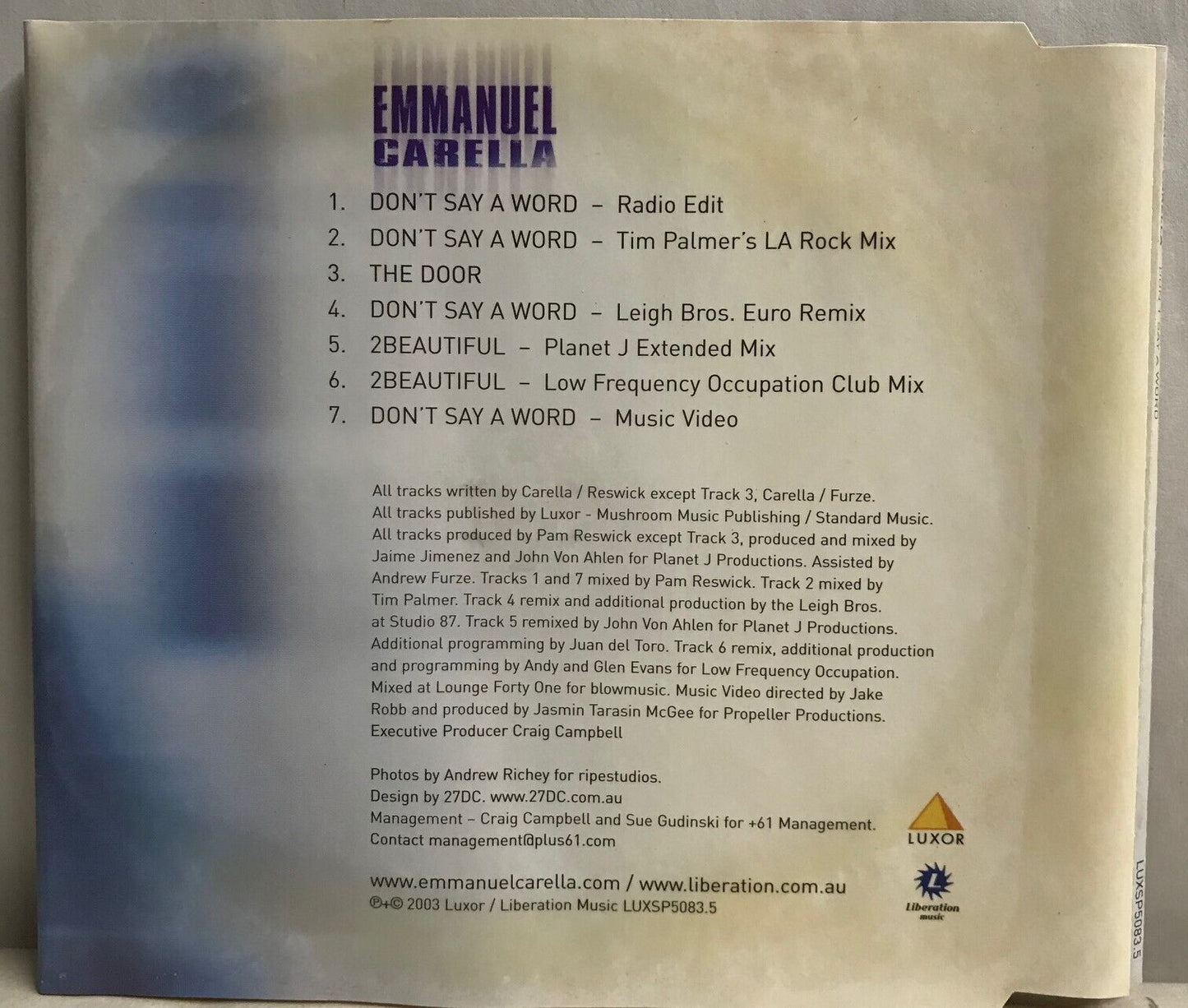 MUSIC CD IN CASE (COVER SIGNED) - EMMANUEL CARELLA - DON'T SAY A WORD