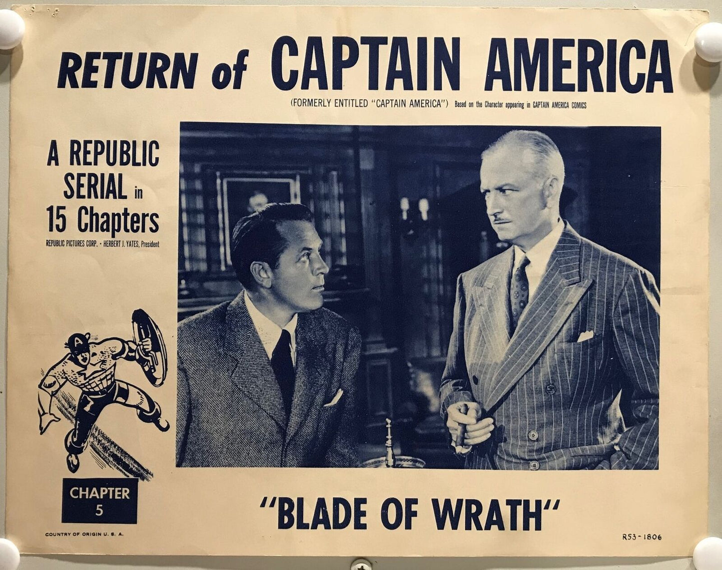 ORIGINAL SERIAL LOBBY CARD - RETURN OF CAPTAIN AMERICA (b) - R1953 - Ch 5 "B...