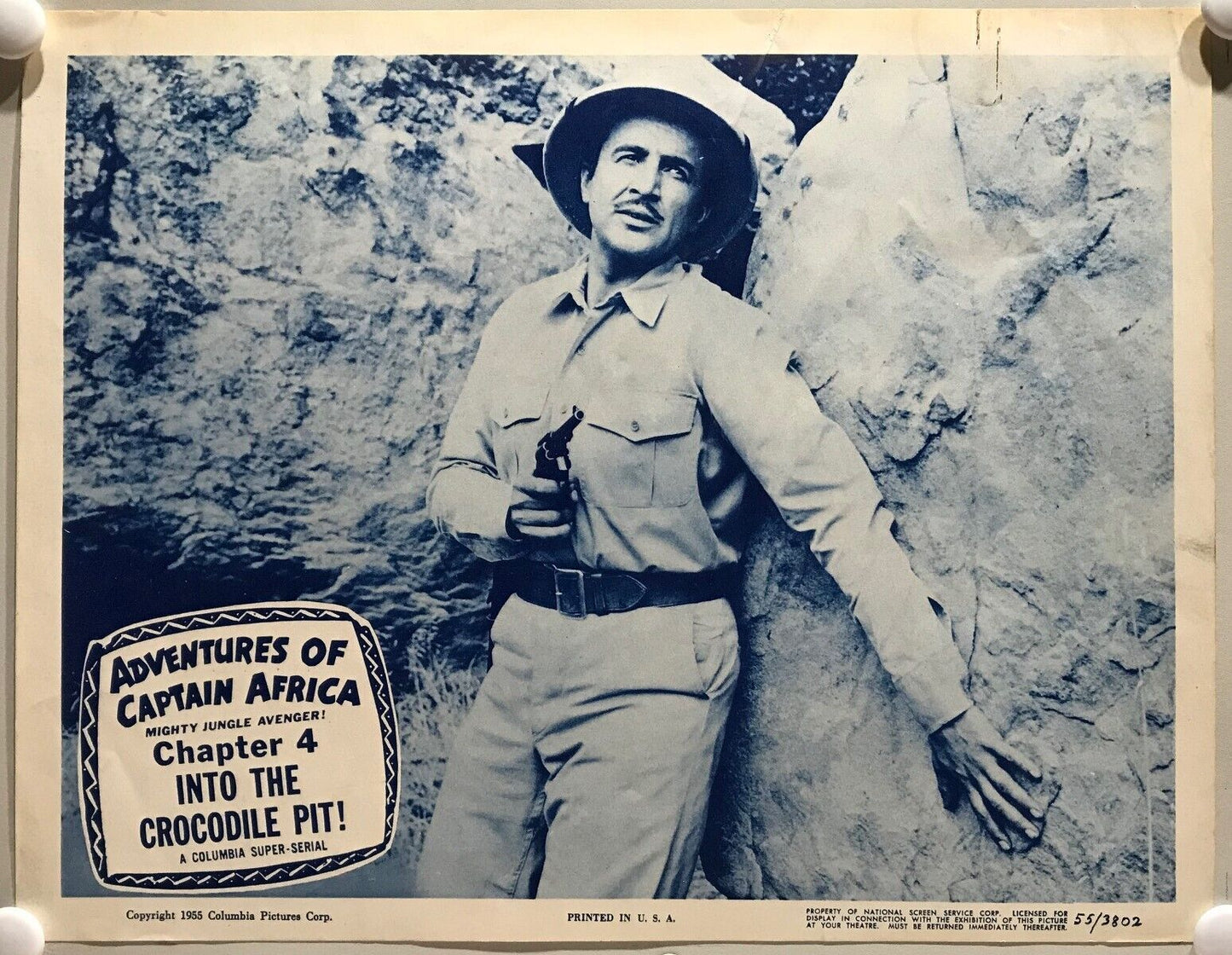 ORIGINAL SERIAL LOBBY CARD - ADVENTURES OF CAPTAIN AFRICA Mighty Jungle Avenger (e) -1955 - Ch 4 "Into the Crocodile Pit" - John Hart, Rick Vallin, Ben Welden, June Howard