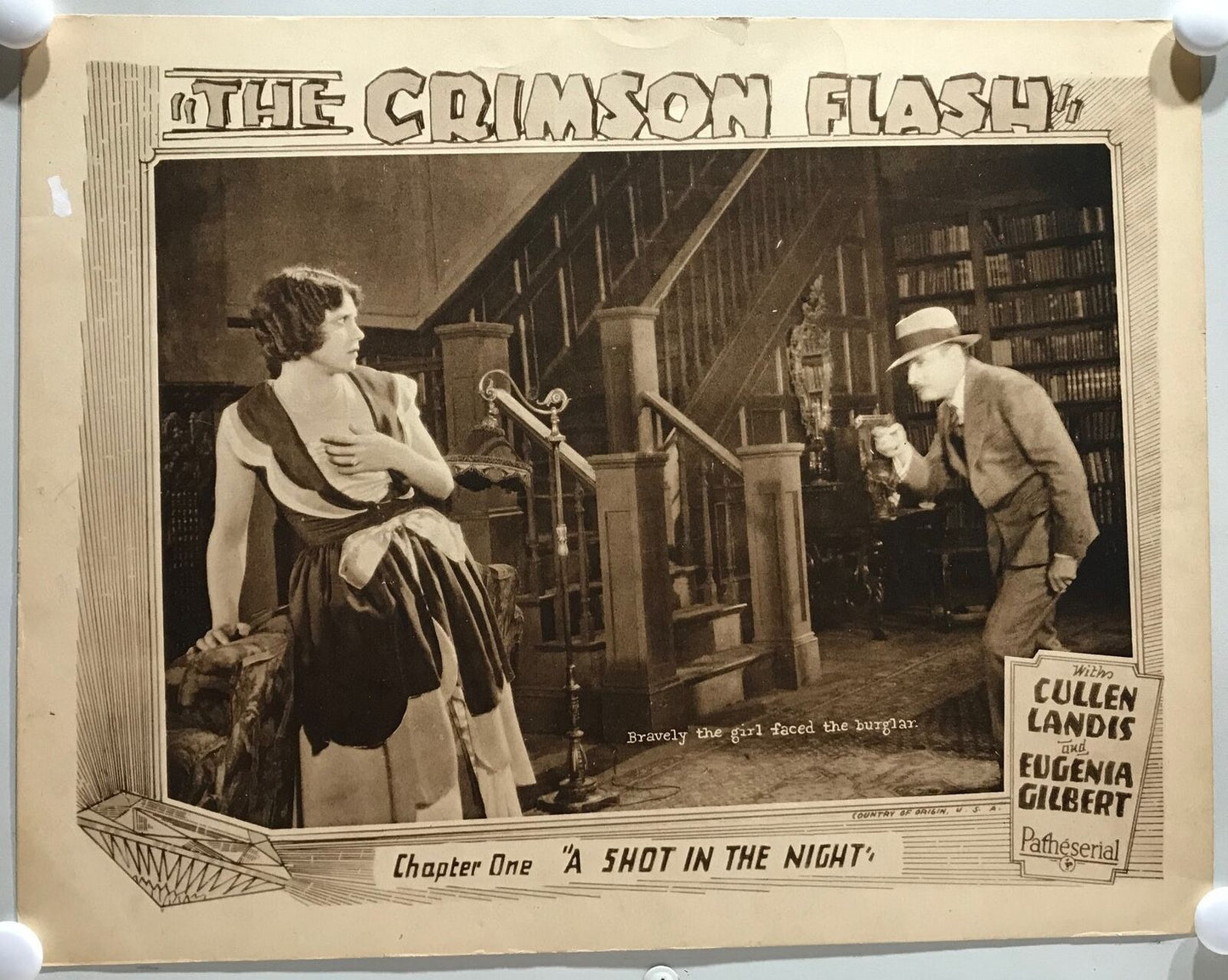 ORIGINAL SERIAL LOBBY CARD - THE CRIMSON FLASH (h) - 1927 - Ch 1 "A Shot in t...