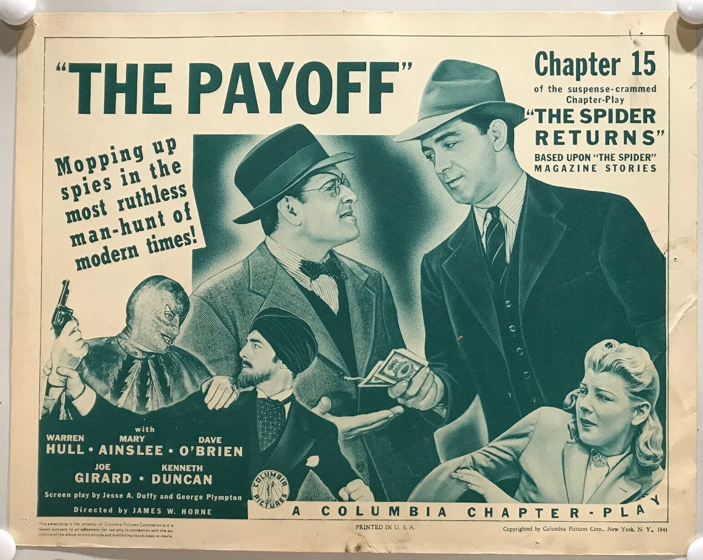ORIGINAL SERIAL LOBBY CARD - THE SPIDER RETURNS (b) - 1941 - Ch 15 "The Payoff...