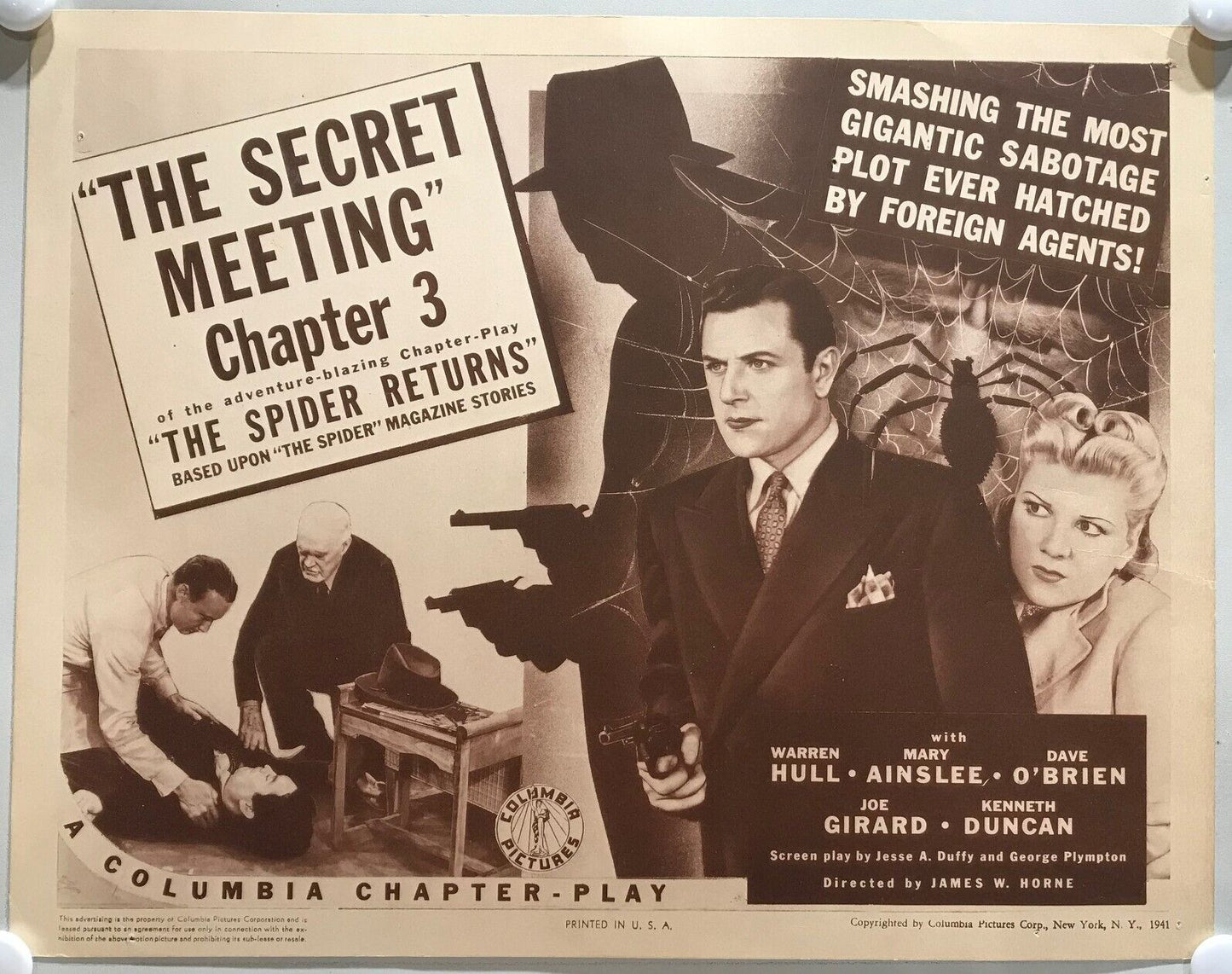 ORIGINAL SERIAL LOBBY CARD - THE SPIDER RETURNS (l) - 1941 - Ch 3 "The Secret...