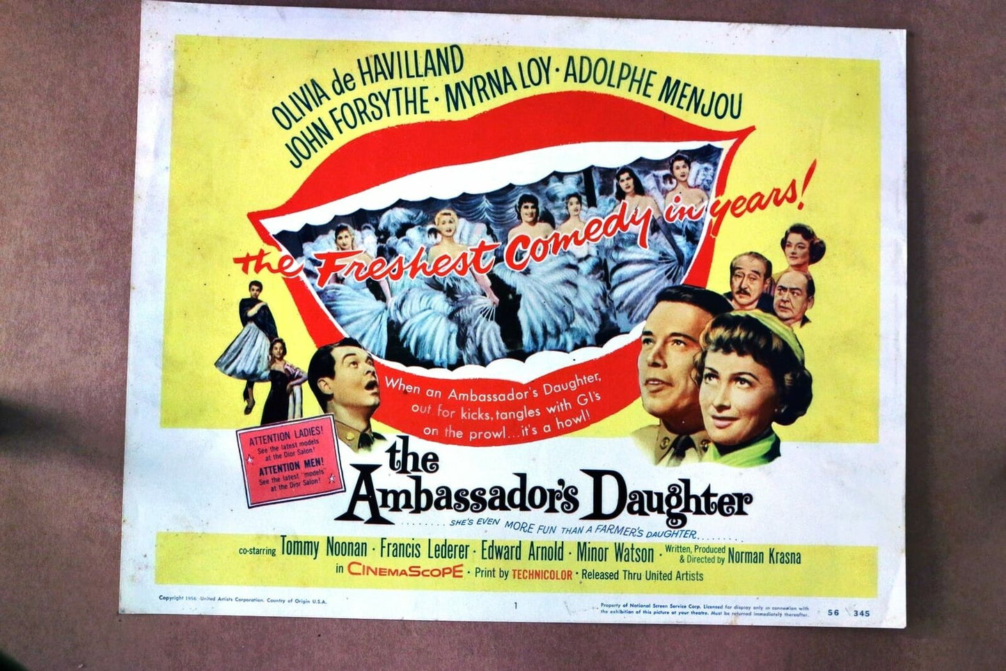ORIGINAL LOBBY CARD - AMBASSADOR'S DAUGHTER - 1956 - title card - Olivia de Havilland, John Forsythe, Myrna Loy