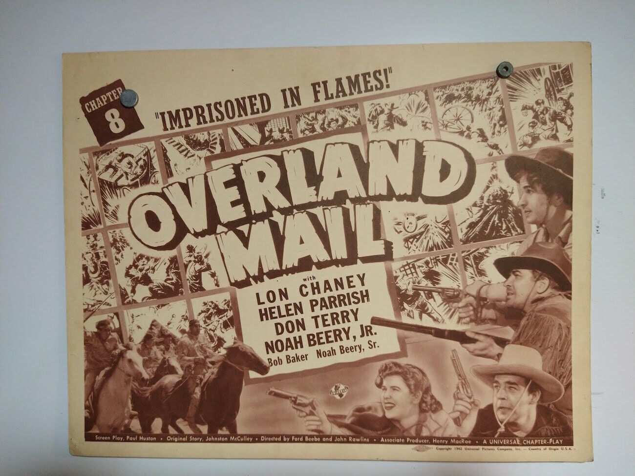 ORIGINAL SERIAL LOBBY CARD - OVERLAND MAIL - 1942 - Title Card Ch 8 "Imprison...