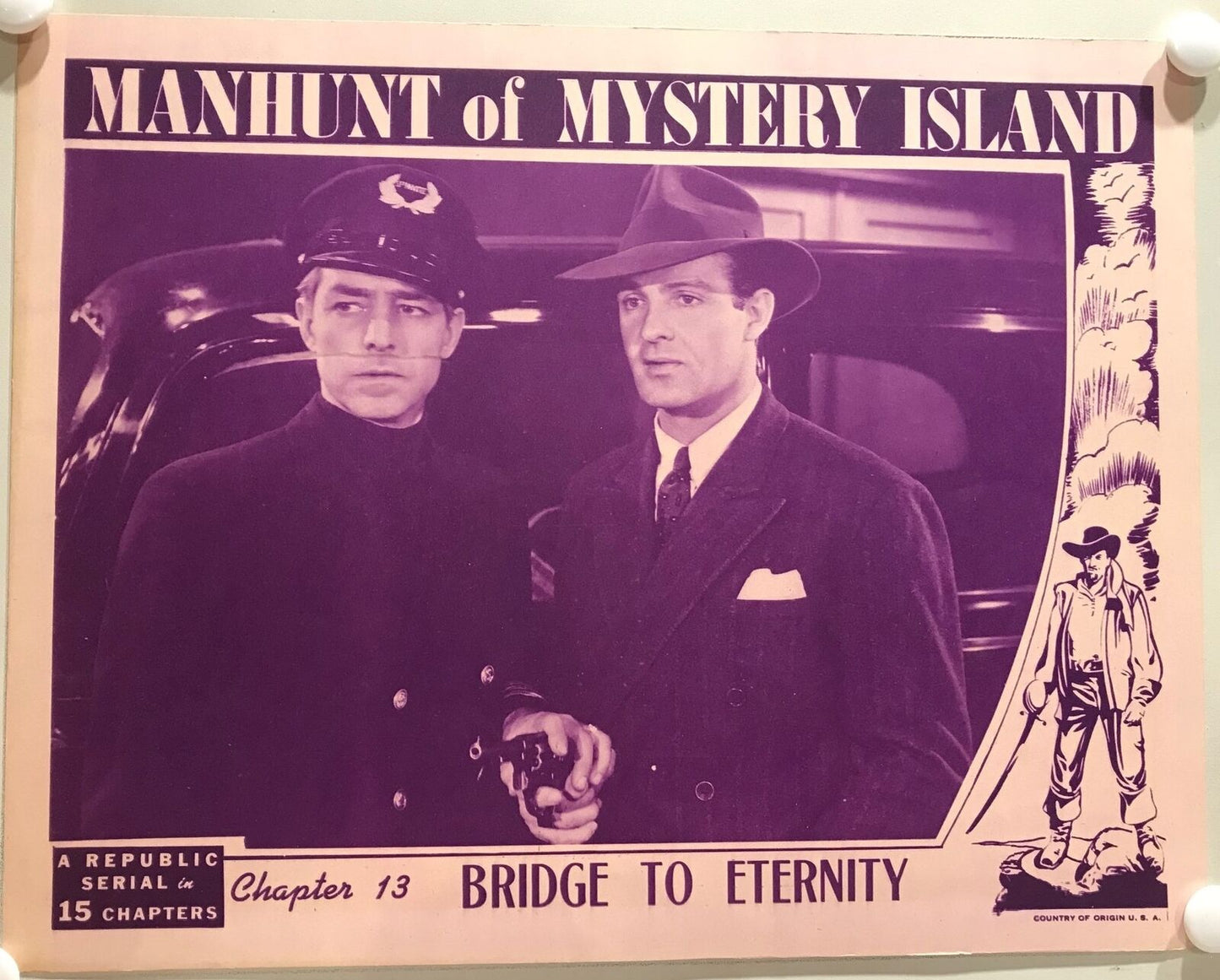 ORIGINAL SERIAL LOBBY CARD - MANHUNT OF MYSTERY ISLAND (a) - 1945 - Ch 13 "Br...