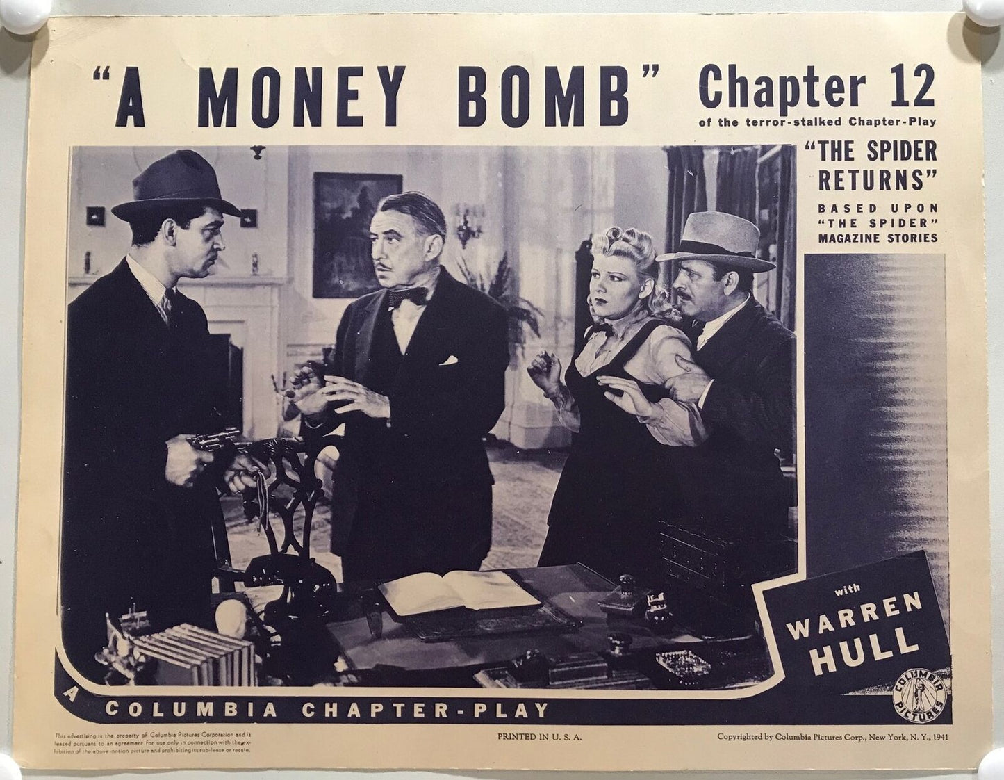 ORIGINAL SERIAL LOBBY CARD - THE SPIDER RETURNS (f) - 1941 - Ch 12 "A Money Bomb"