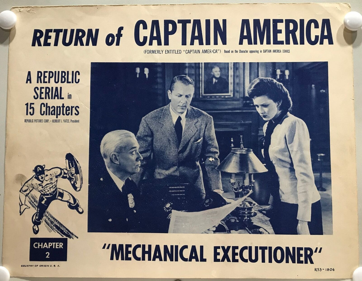 ORIGINAL SERIAL LOBBY CARD - RETURN OF CAPTAIN AMERICA (b) - R1953 - Ch 2 "M...