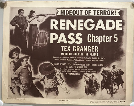 ORIGINAL SERIAL LOBBY CARD - TEX GRANGER: Midnight Rider of the Plains (a) - 1947 -  Ch 5 Title Card -  Robert Kellard, Peggy Stewart, Buzz Henry