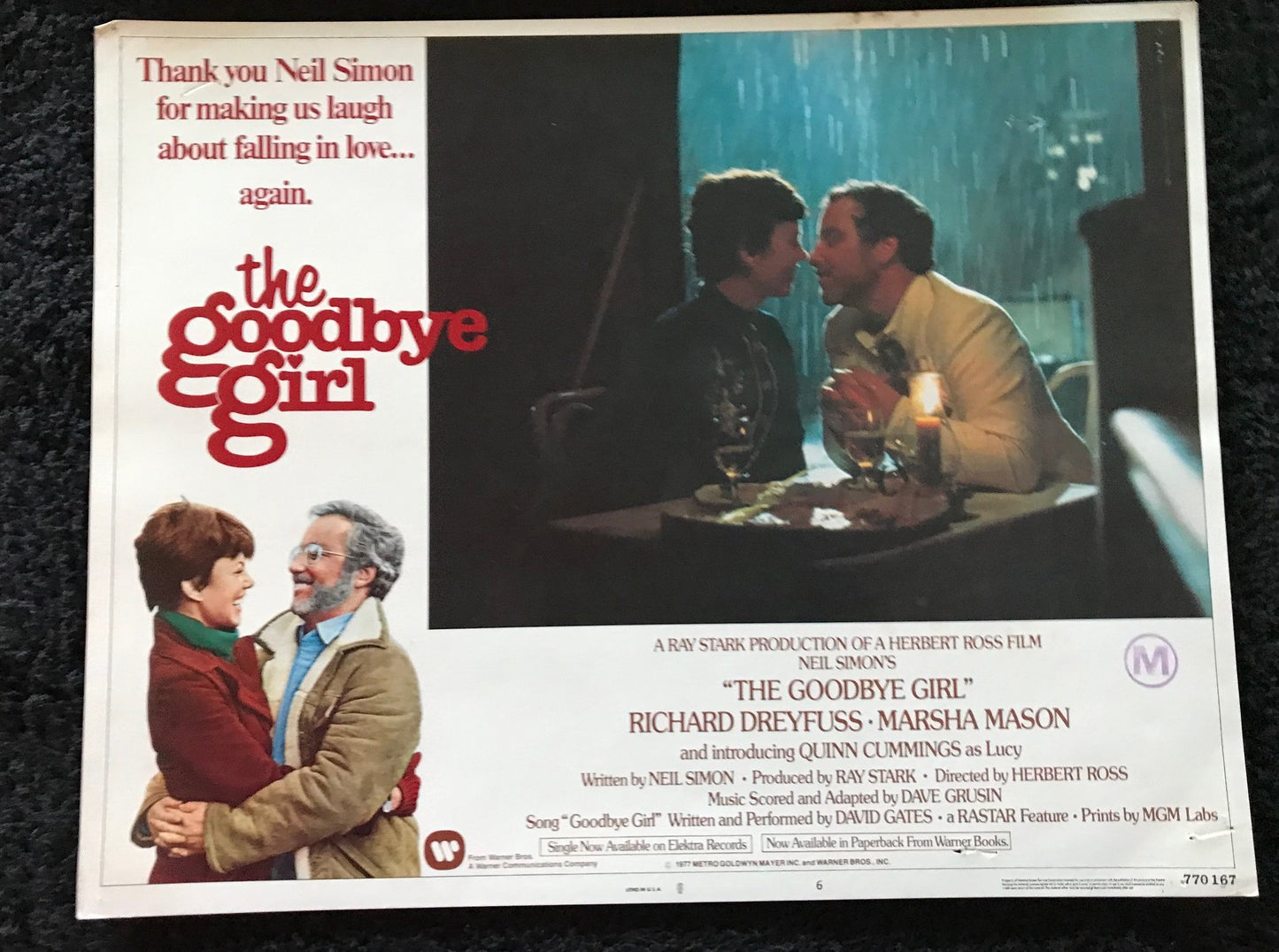 ORIGINAL LOBBY CARDS - THE GOODBYE GIRL - 1977 - group of 7 cards -  Richard Dreyfuss, Marsha Mason, Quinn Cummings, Paul Benedict
