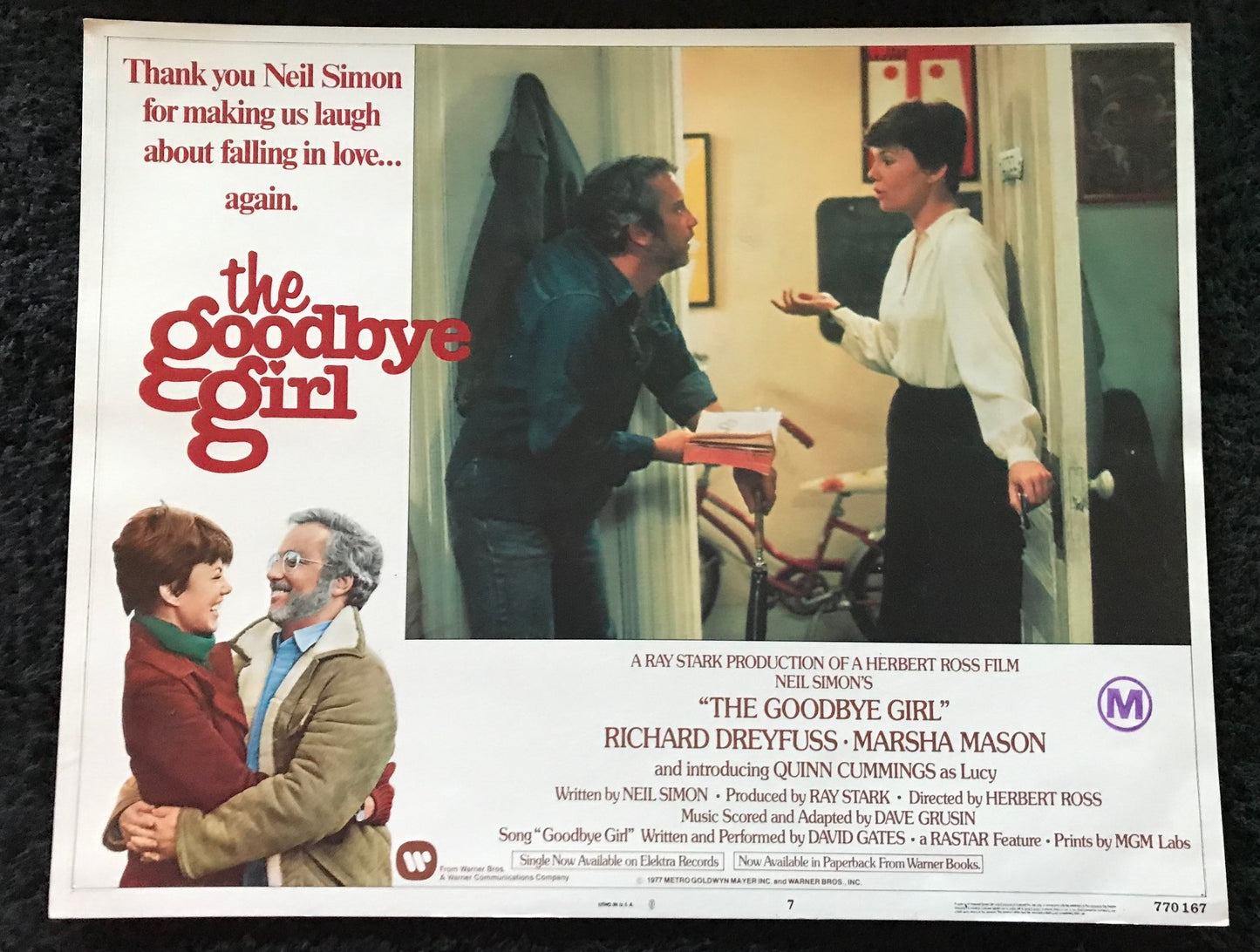 ORIGINAL LOBBY CARDS - THE GOODBYE GIRL - 1977 - group of 7 cards -  Richard Dreyfuss, Marsha Mason, Quinn Cummings, Paul Benedict
