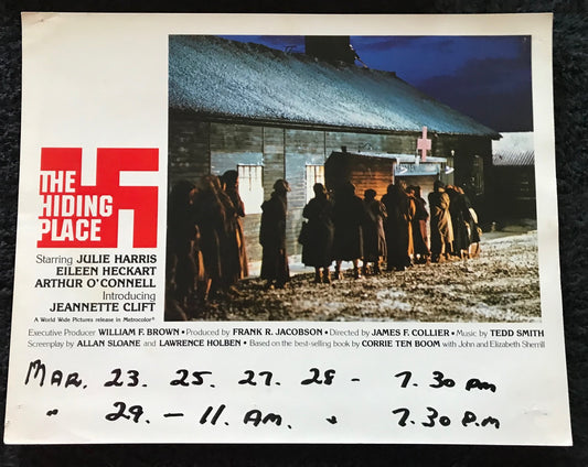 ORIGINAL LOBBY CARDS - THE HIDING PLACE - 1975 - group of 5 cards -  Julie Harris, Jeannette Clift, Arthur O'Connell, Pamela Sholto