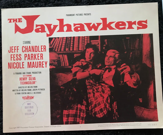 ORIGINAL LOBBY CARD - THE JAYHAWKERS! - 1959 - #7 key card -  Jeff Chandler, Fess Parker, Nicole Maurey, Henry Silva