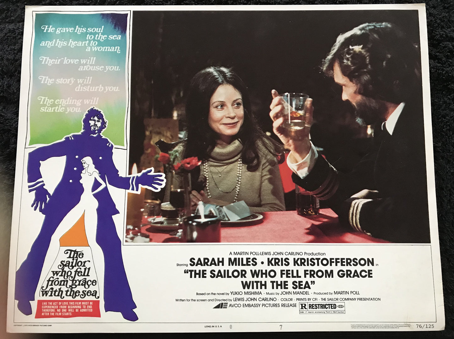 ORIGINAL LOBBY CARDS - THE SAILOR WHO FELL FROM GRACE WITH THE SEA - 1976 - group of 7 cards -  Sarah Miles, Kris Kristofferson, Jonathan Kahn, Margo Cunningham