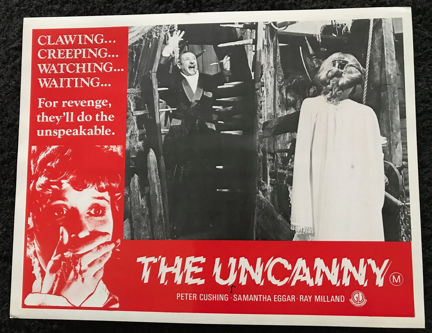 ORIGINAL LOBBY CARDS - THE UNCANNY - 1977 - set of 8 cards -  Peter Cushing, Samantha Eggar, Ray Milland, Donald Pleasence