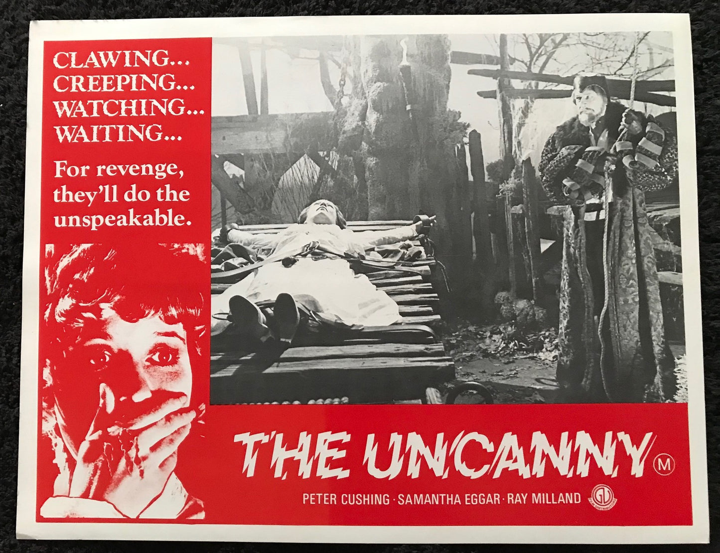 ORIGINAL LOBBY CARDS - THE UNCANNY - 1977 - set of 8 cards -  Peter Cushing, Samantha Eggar, Ray Milland, Donald Pleasence