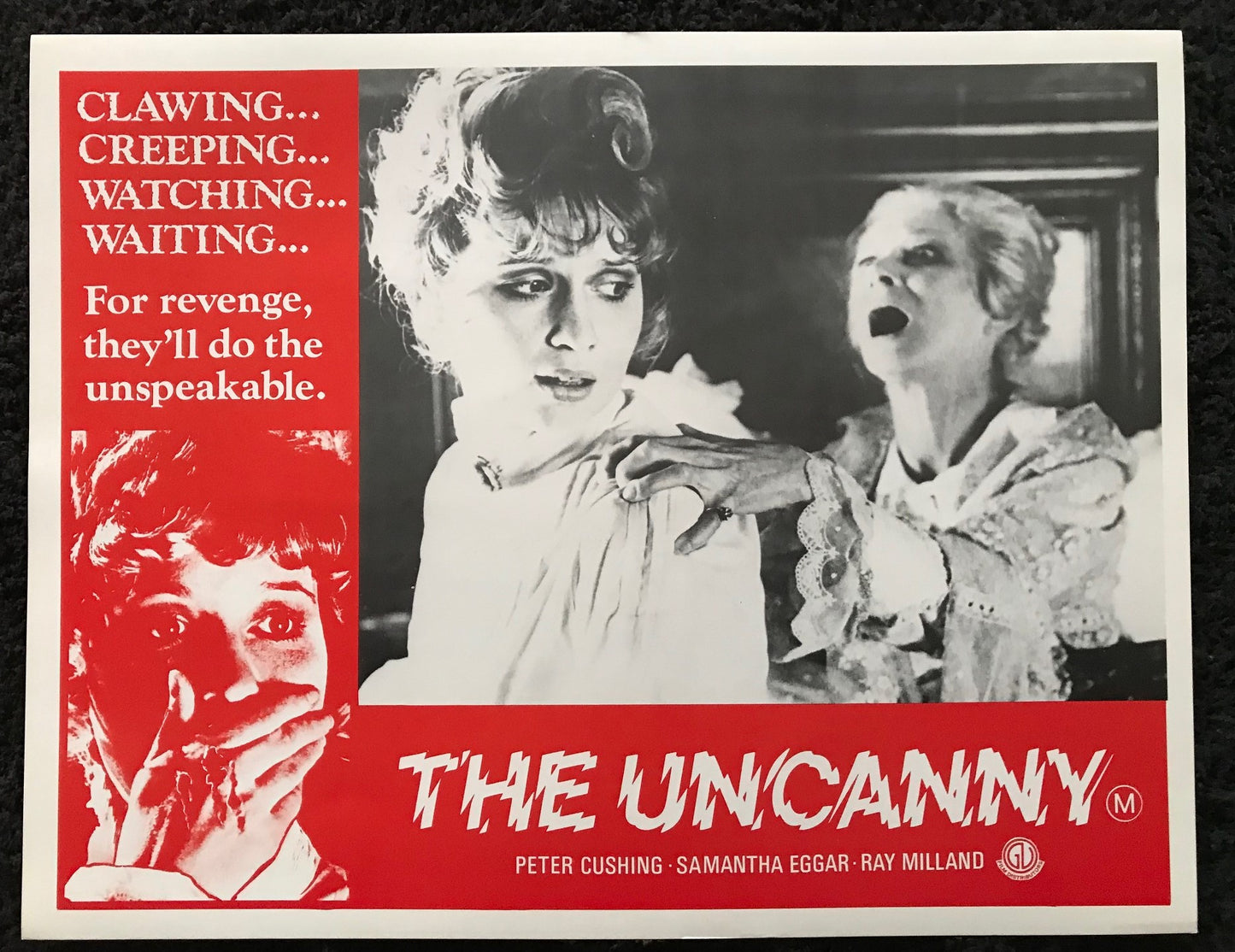 ORIGINAL LOBBY CARDS - THE UNCANNY - 1977 - set of 8 cards -  Peter Cushing, Samantha Eggar, Ray Milland, Donald Pleasence