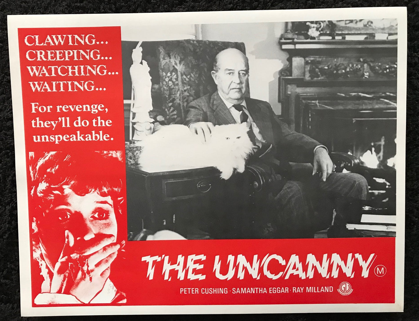 ORIGINAL LOBBY CARDS - THE UNCANNY - 1977 - set of 8 cards -  Peter Cushing, Samantha Eggar, Ray Milland, Donald Pleasence