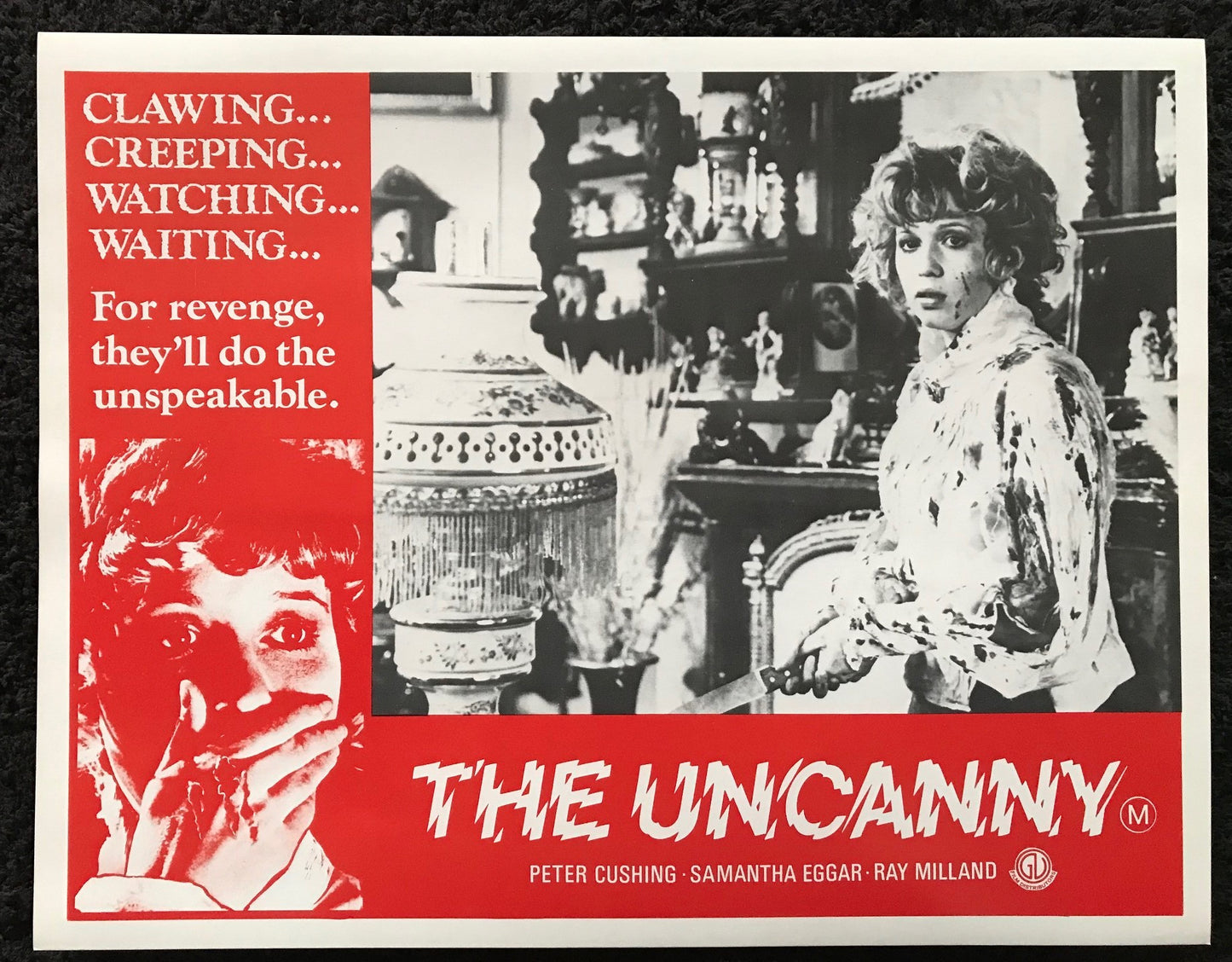 ORIGINAL LOBBY CARDS - THE UNCANNY - 1977 - set of 8 cards -  Peter Cushing, Samantha Eggar, Ray Milland, Donald Pleasence