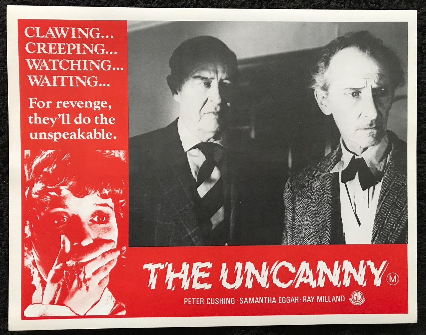 ORIGINAL LOBBY CARDS - THE UNCANNY - 1977 - set of 8 cards -  Peter Cushing, Samantha Eggar, Ray Milland, Donald Pleasence