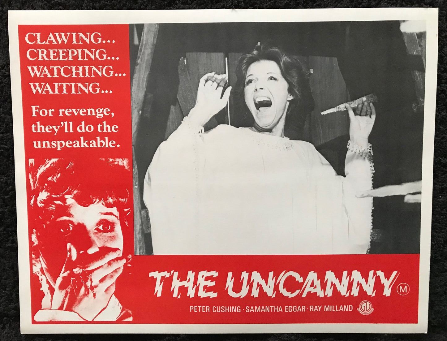 ORIGINAL LOBBY CARDS - THE UNCANNY - 1977 - set of 8 cards -  Peter Cushing, Samantha Eggar, Ray Milland, Donald Pleasence