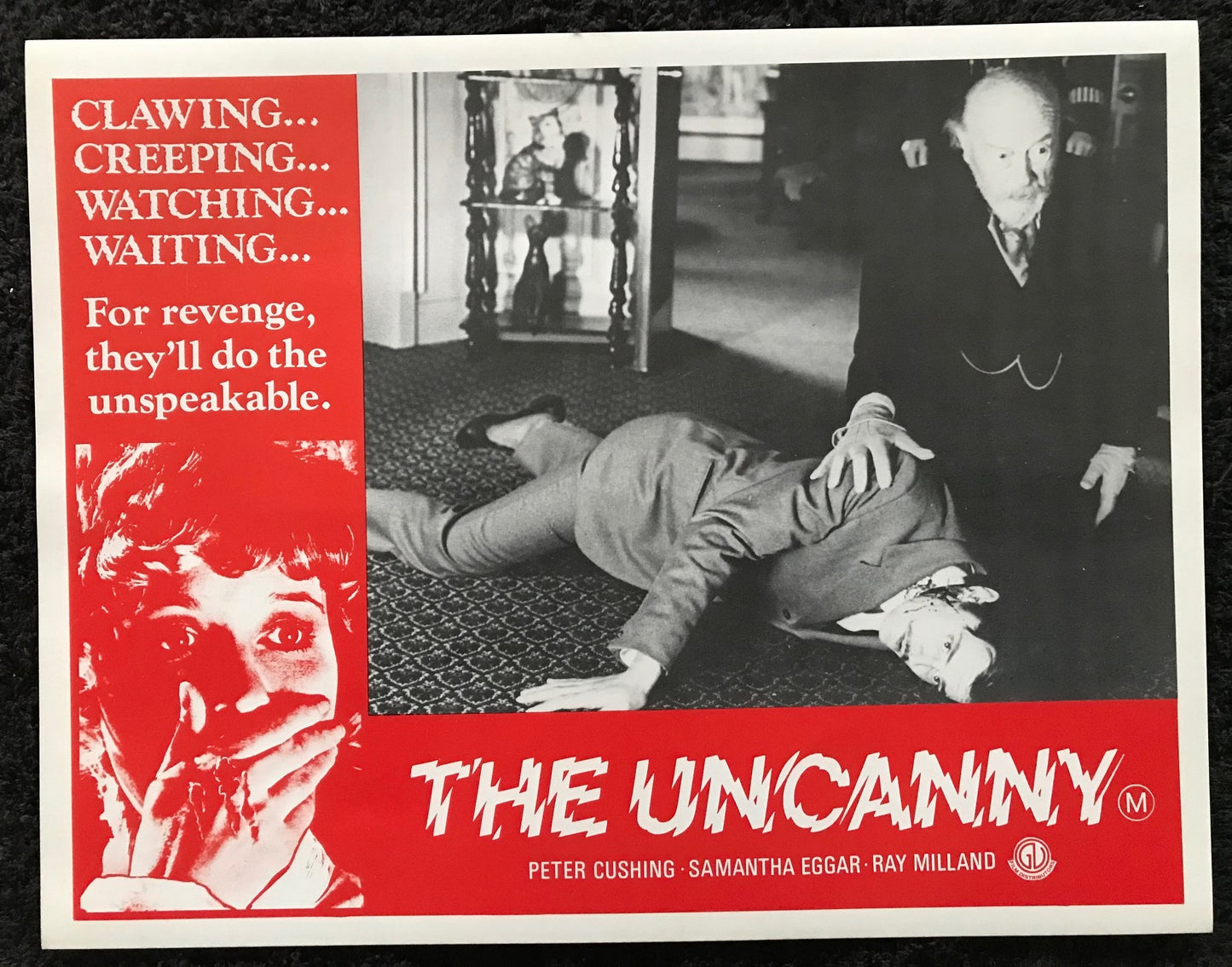 ORIGINAL LOBBY CARDS - THE UNCANNY - 1977 - set of 8 cards -  Peter Cushing, Samantha Eggar, Ray Milland, Donald Pleasence