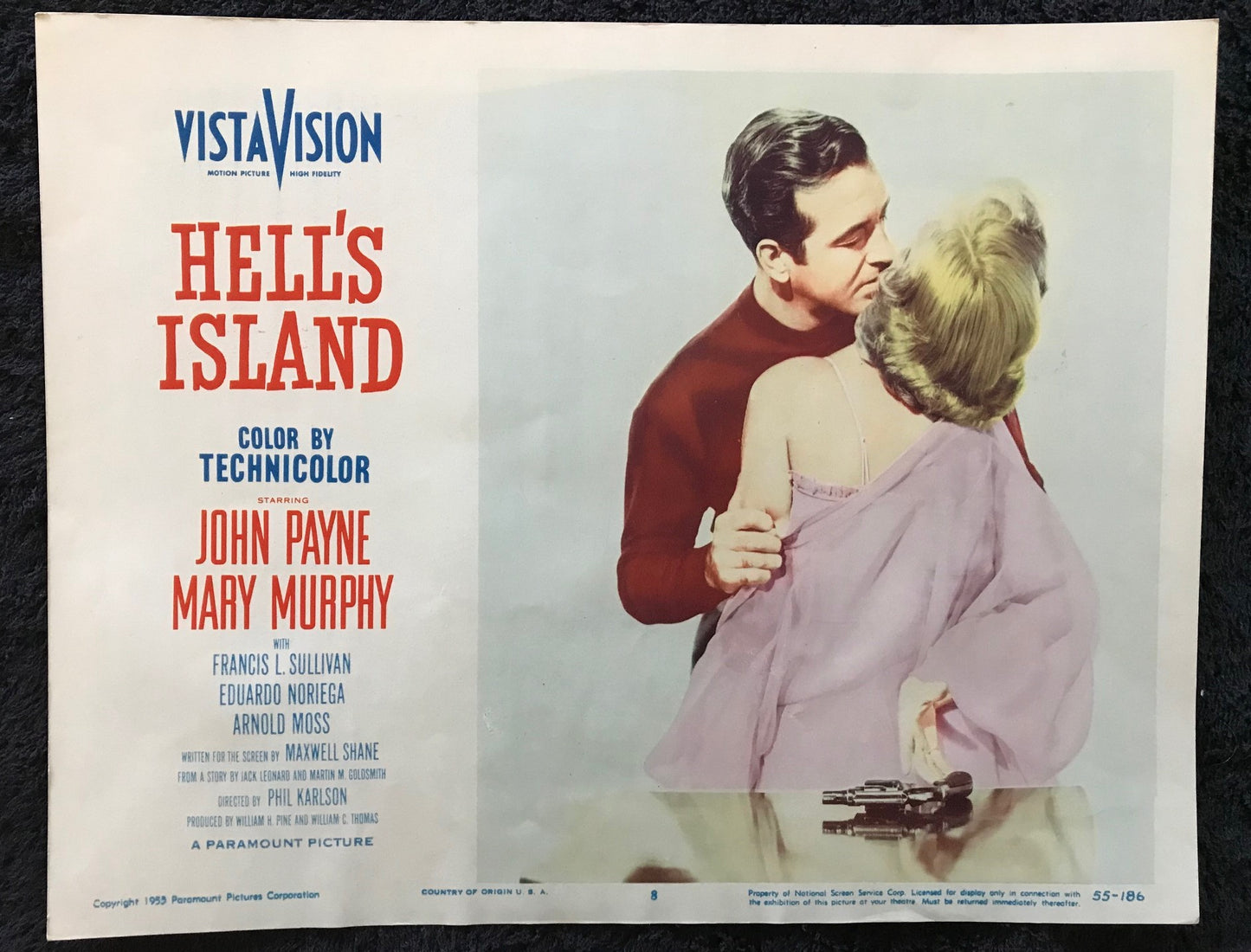 ORIGINAL LOBBY CARDS - HELL'S ISLAND - 1955 - set of 8 -  John Payne, Mary Murphy, Arnold Moss