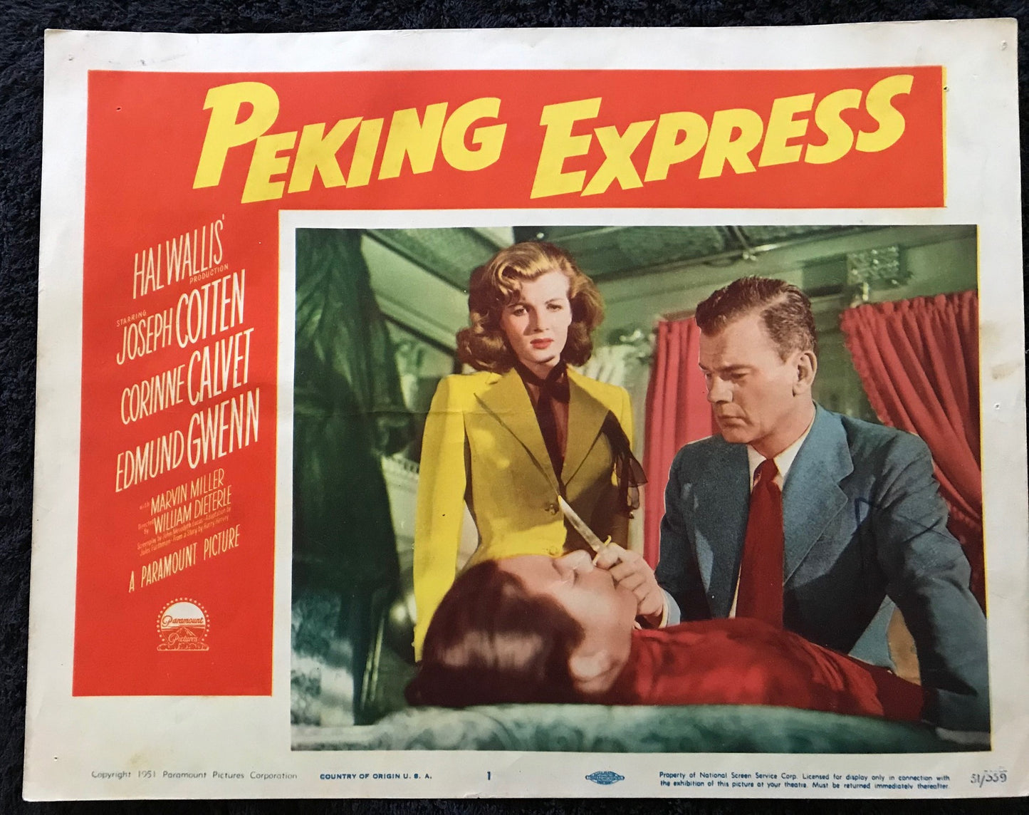 ORIGINAL LOBBY CARDS - PEKING EXPRESS - 1951 - set of 8 -  Joseph Cotten, Corinne Calvet, Benson Fong