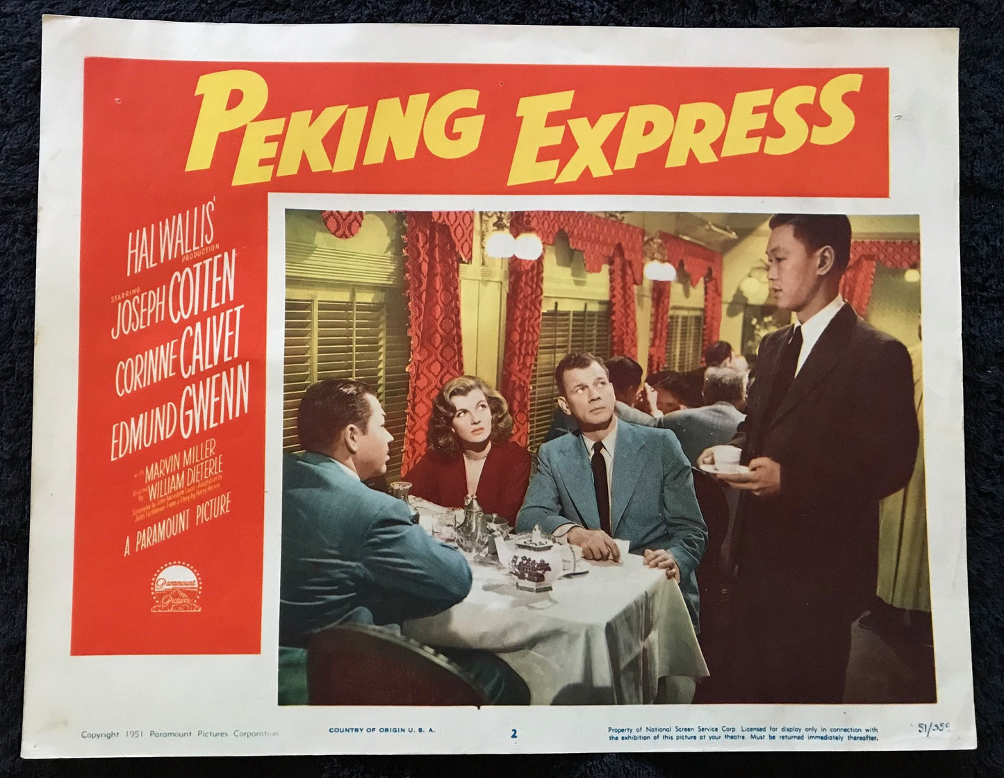 ORIGINAL LOBBY CARDS - PEKING EXPRESS - 1951 - set of 8 -  Joseph Cotten, Corinne Calvet, Benson Fong