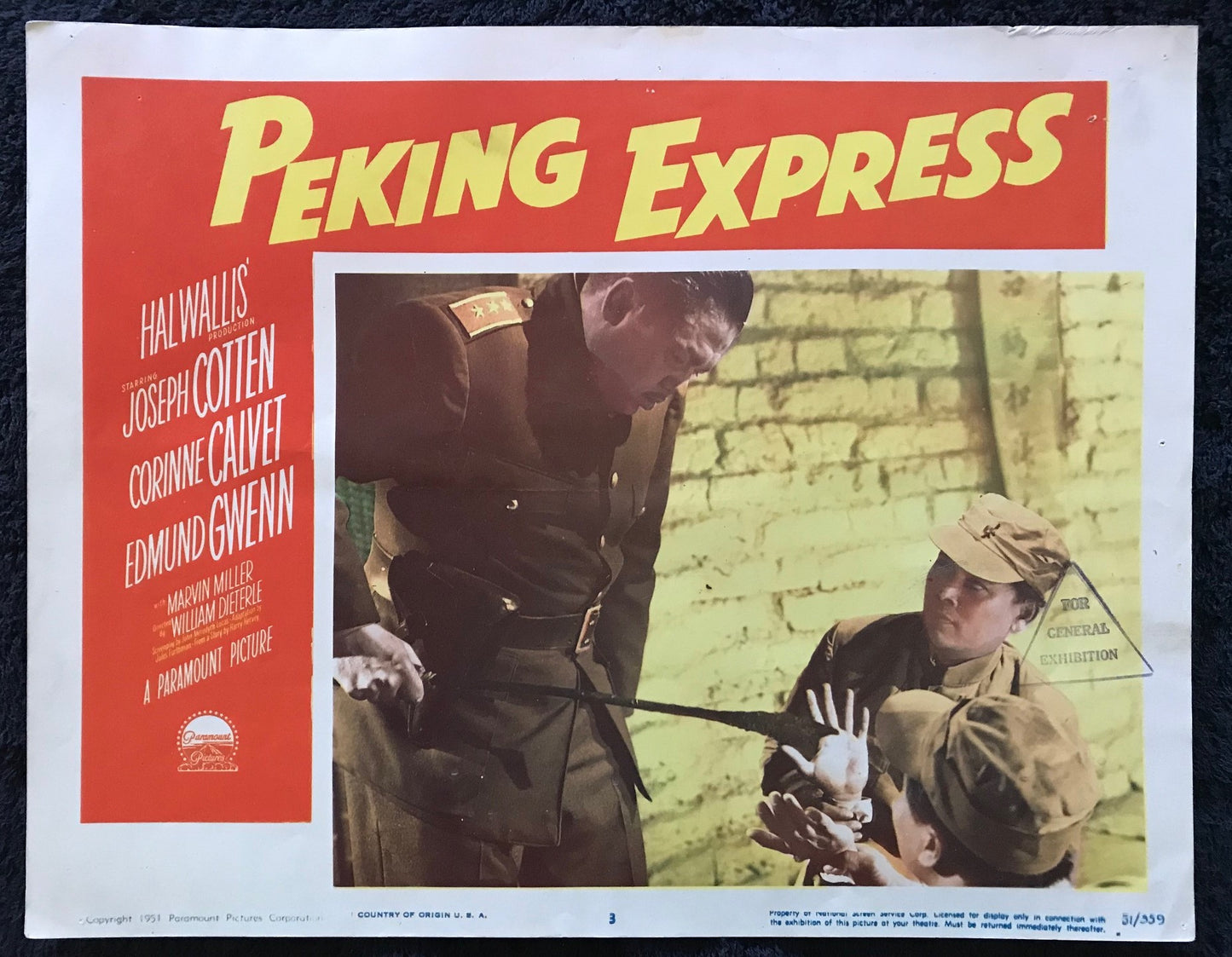 ORIGINAL LOBBY CARDS - PEKING EXPRESS - 1951 - set of 8 -  Joseph Cotten, Corinne Calvet, Benson Fong