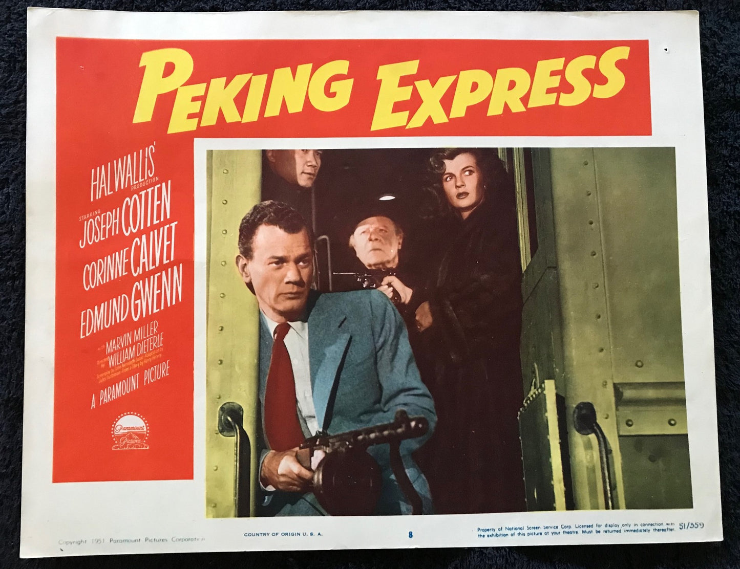 ORIGINAL LOBBY CARDS - PEKING EXPRESS - 1951 - set of 8 -  Joseph Cotten, Corinne Calvet, Benson Fong