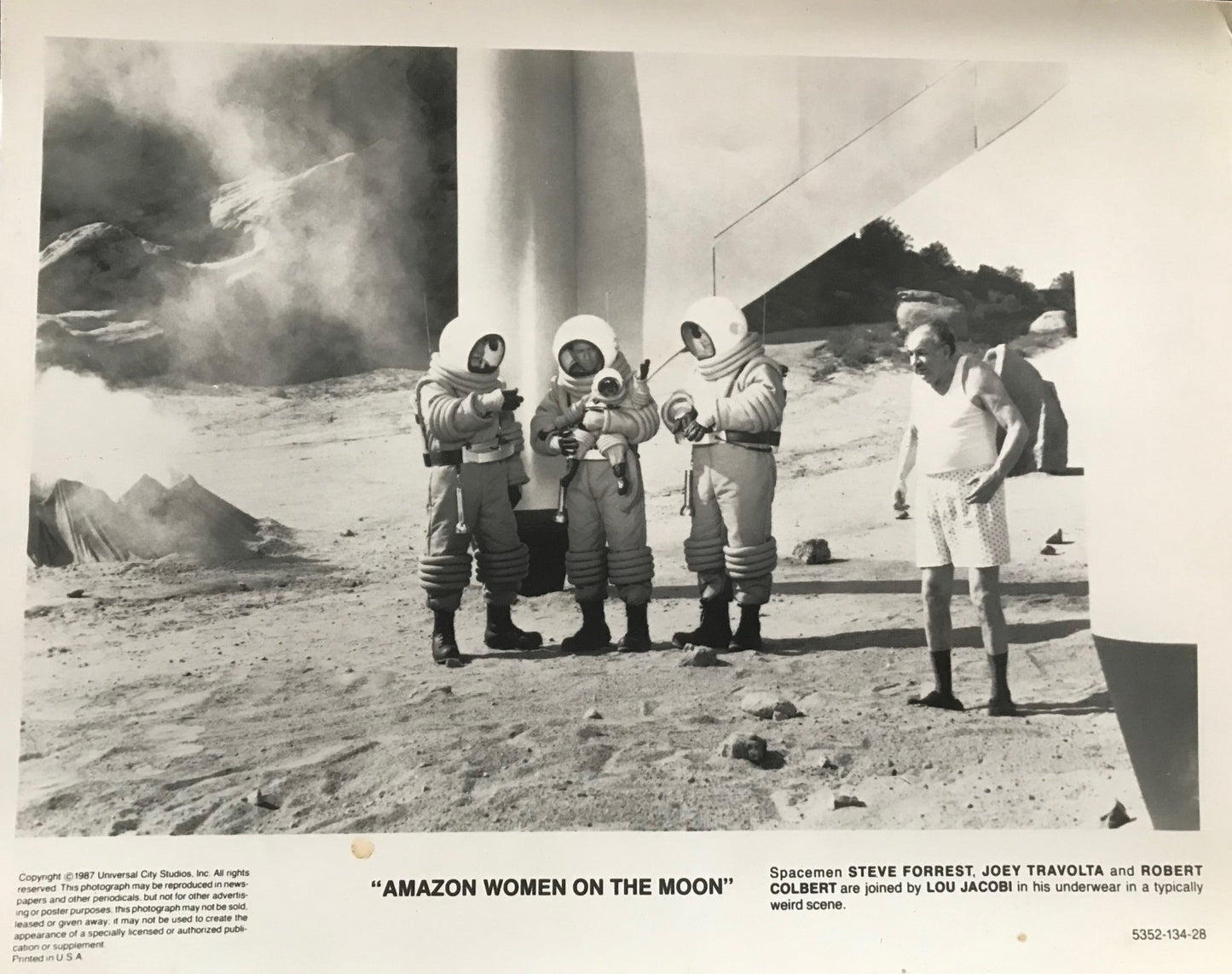 PUBLICITY PHOTOGRAPH - from AMAZON WOMEN ON THE MOON (b) (1987) - STEVE FORREST, JOEY TRAVOLTA, ROBERT COLBERT, LOU JACOBI