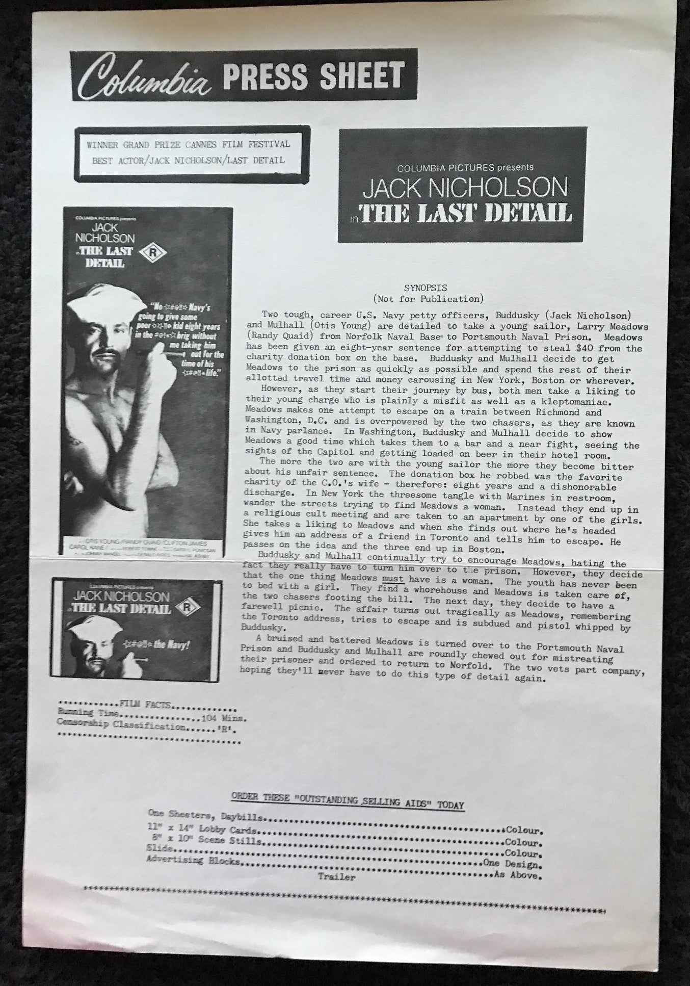 ORIGINAL LOBBY CARD - THE LAST DETAIL - 1973 - group of 7 cards -  Jack Nicholson, Otis Young, Randy Quaid, Clifton James