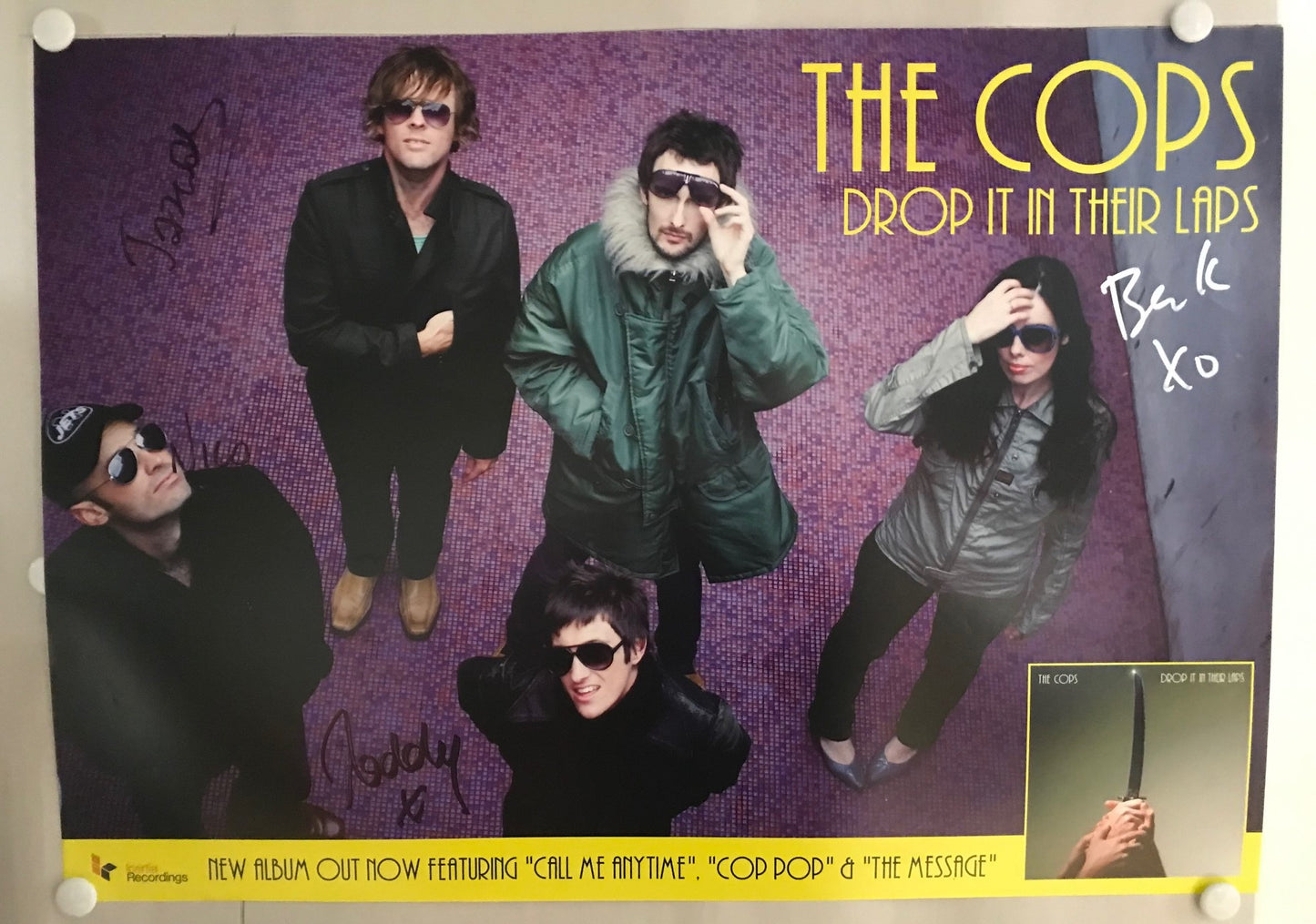 MUSIC PROMO POSTER - SIGNED - THE COPS - DROP IT IN THEIR LAPS (b) - ft CALL ME ANYTIME, COP POP, THE MESSAGE