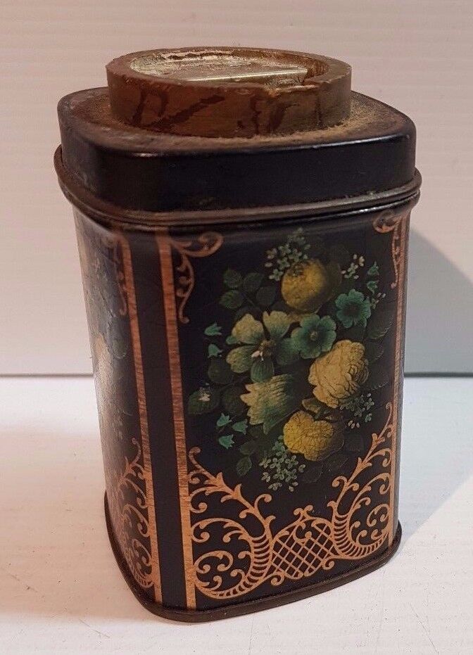 Biscuit Tea Sweets Cigar Tin talk powder no lid Flowers gold foil cracked paint