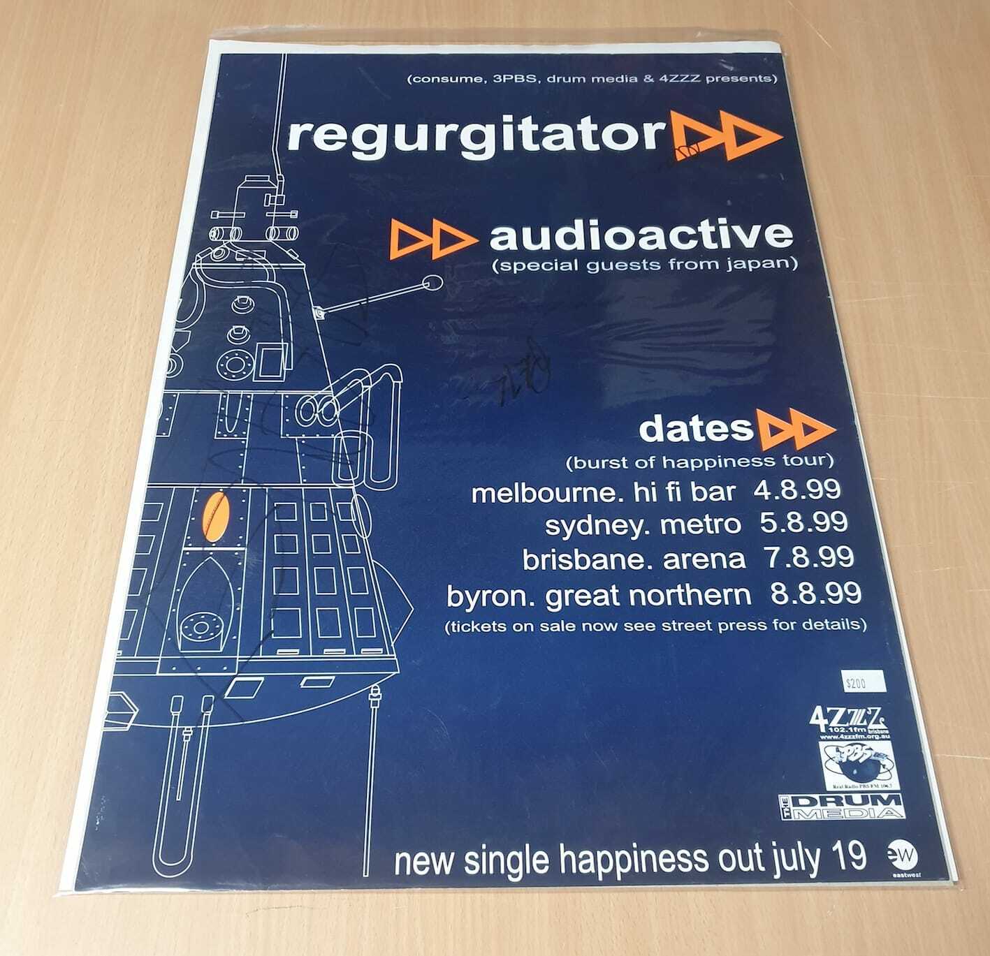 MUSIC PROMO POSTER - SIGNED - REGURGITATOR - AUDIOACTIVE - Australian Tour 1999