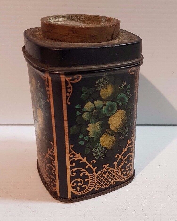 Biscuit Tea Sweets Cigar Tin talk powder no lid Flowers gold foil cracked paint