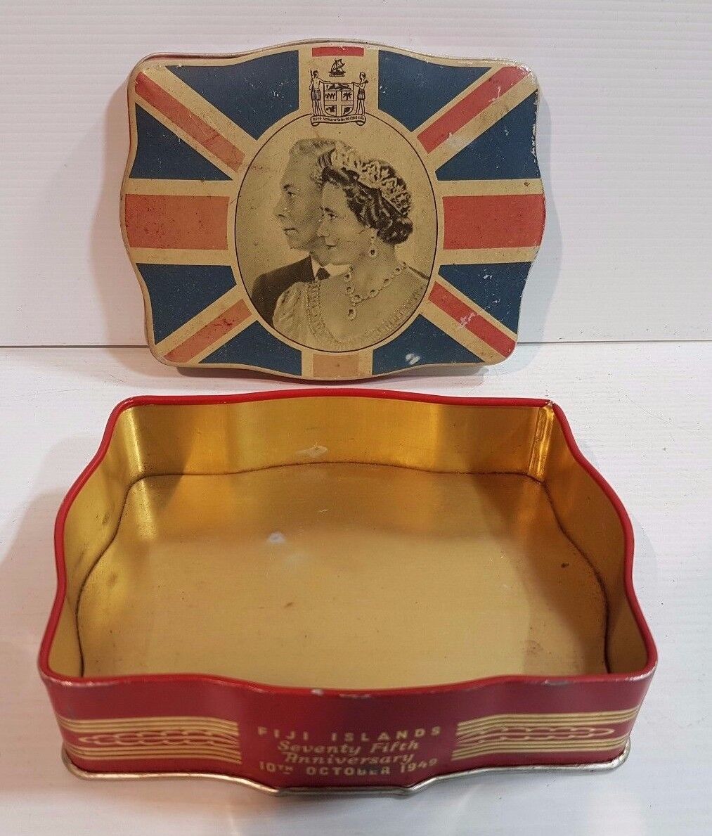 Biscuit Tea Sweets Cigar Tin Fiji Islands 75th Anniversary 10th Oct 1949