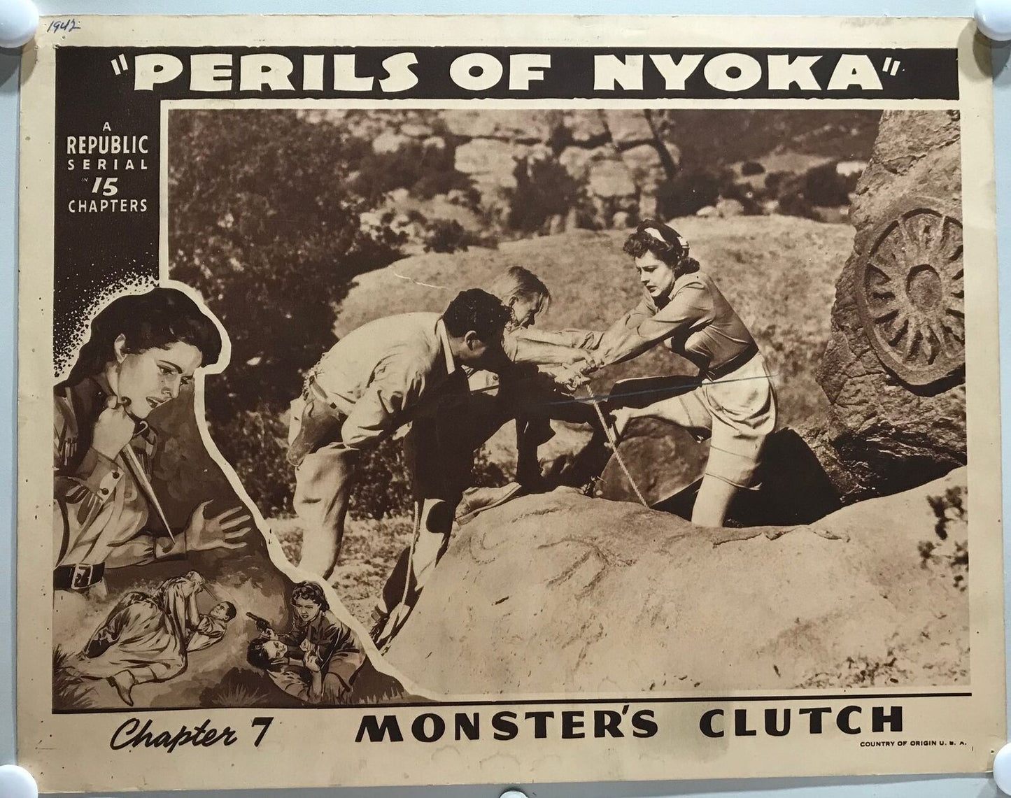 ORIGINAL SERIAL LOBBY CARD - PERILS OF NYOKA - 1942 - Ch 7 "Monster's Clutch"...