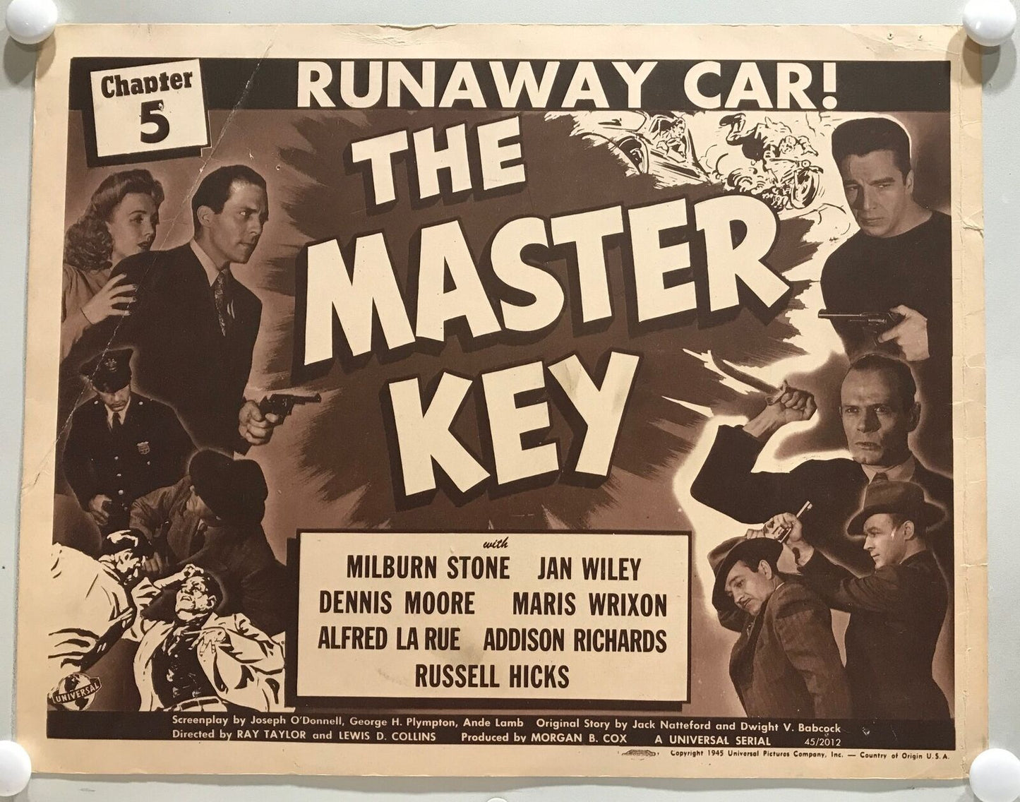 ORIGINAL SERIAL LOBBY CARD - THE MASTER KEY - 1945 - Ch 5 "Runaway Car" Title...