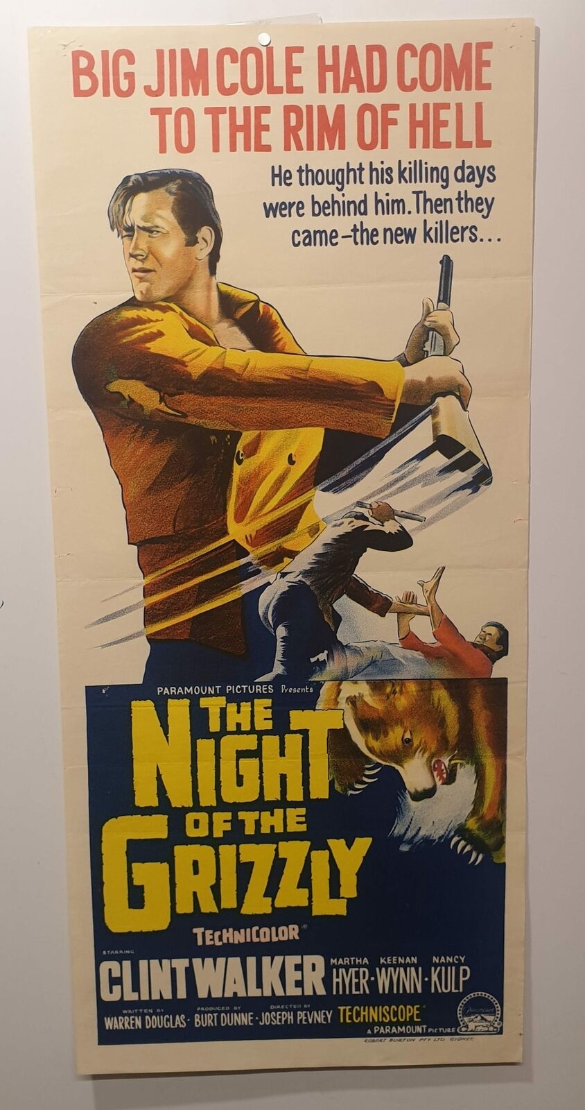 ORIGINAL DAYBILL MOVIE POSTER - THE NIGHT OF THE GRIZZLY -  1966