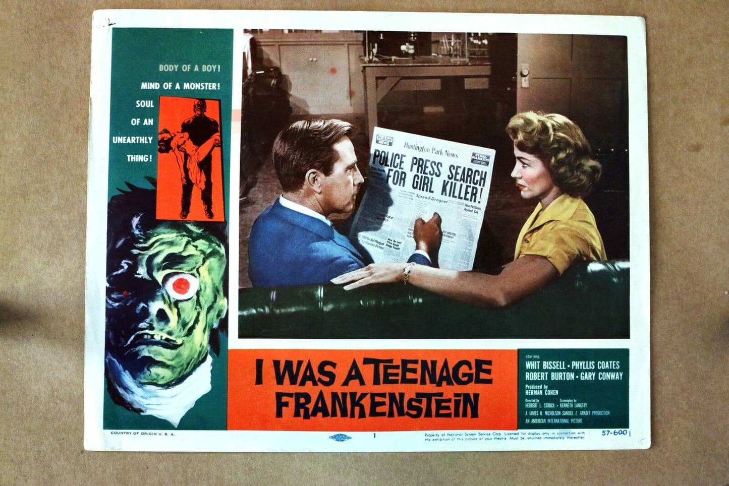 ORIGINAL LOBBY CARD - I WAS A TEENAGER FRANKENSTEIN - 1957 - key #1 card